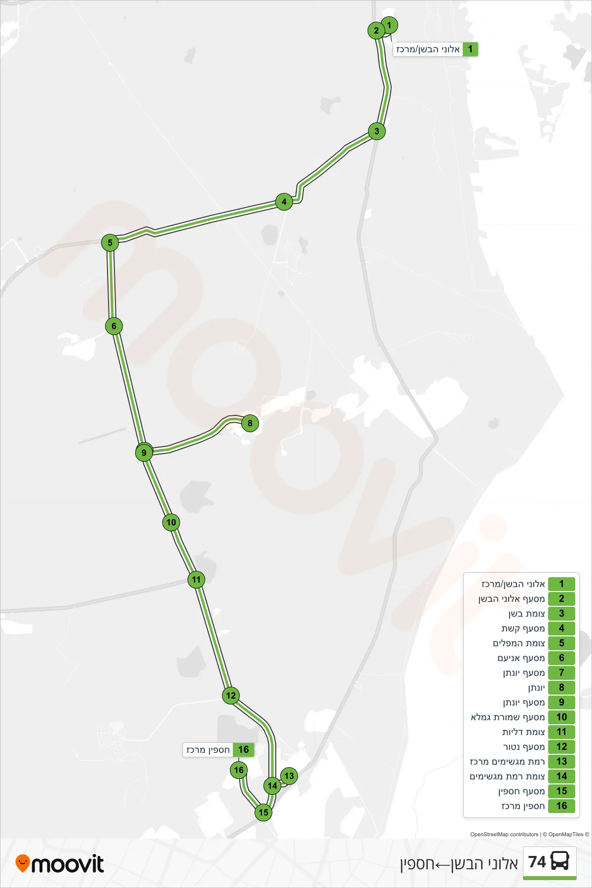 74 bus Line (Alonei HaBashan‎→Haspin) route and stops on a map