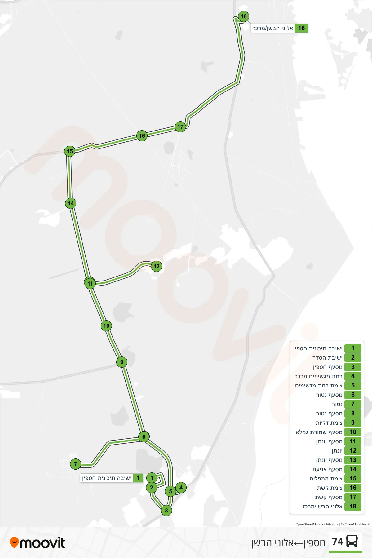 74 bus Line (Haspin→Alonei HaBashan) route and stops on a map