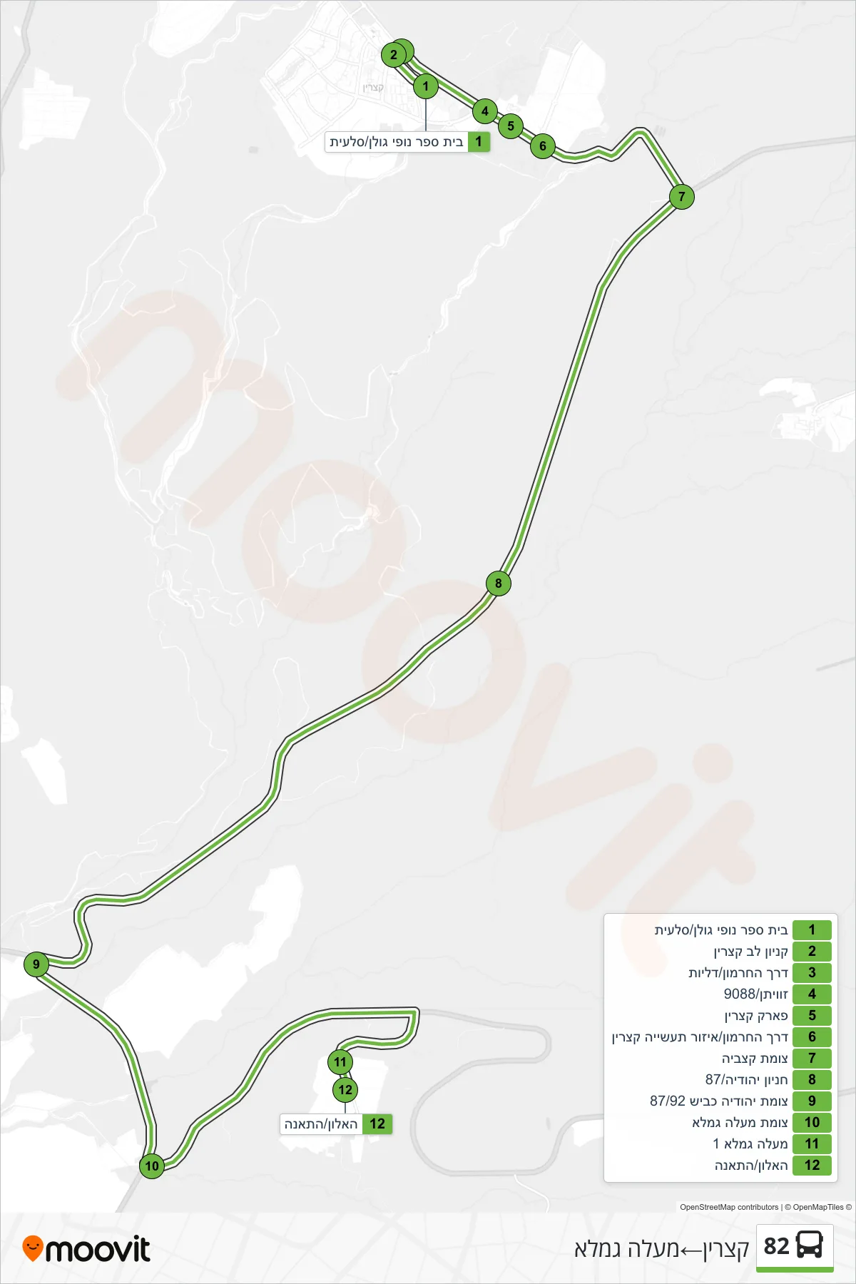 82 bus Line (Katzrin→Ma'ale Gamla) route and stops on a map