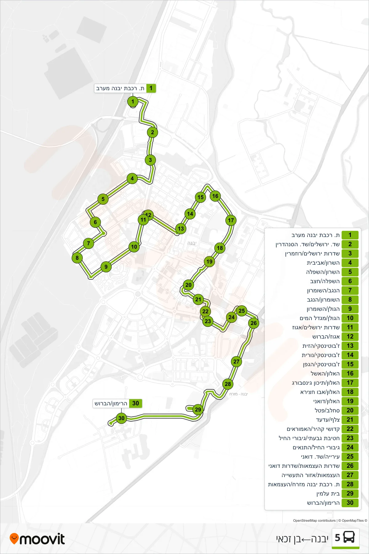 5 bus Line (Yavne‎→Ben Zakai) route and stops on a map
