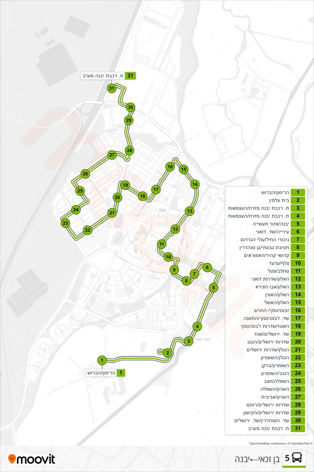5 bus Line (Ben Zakai‎→Yavne) route and stops on a map