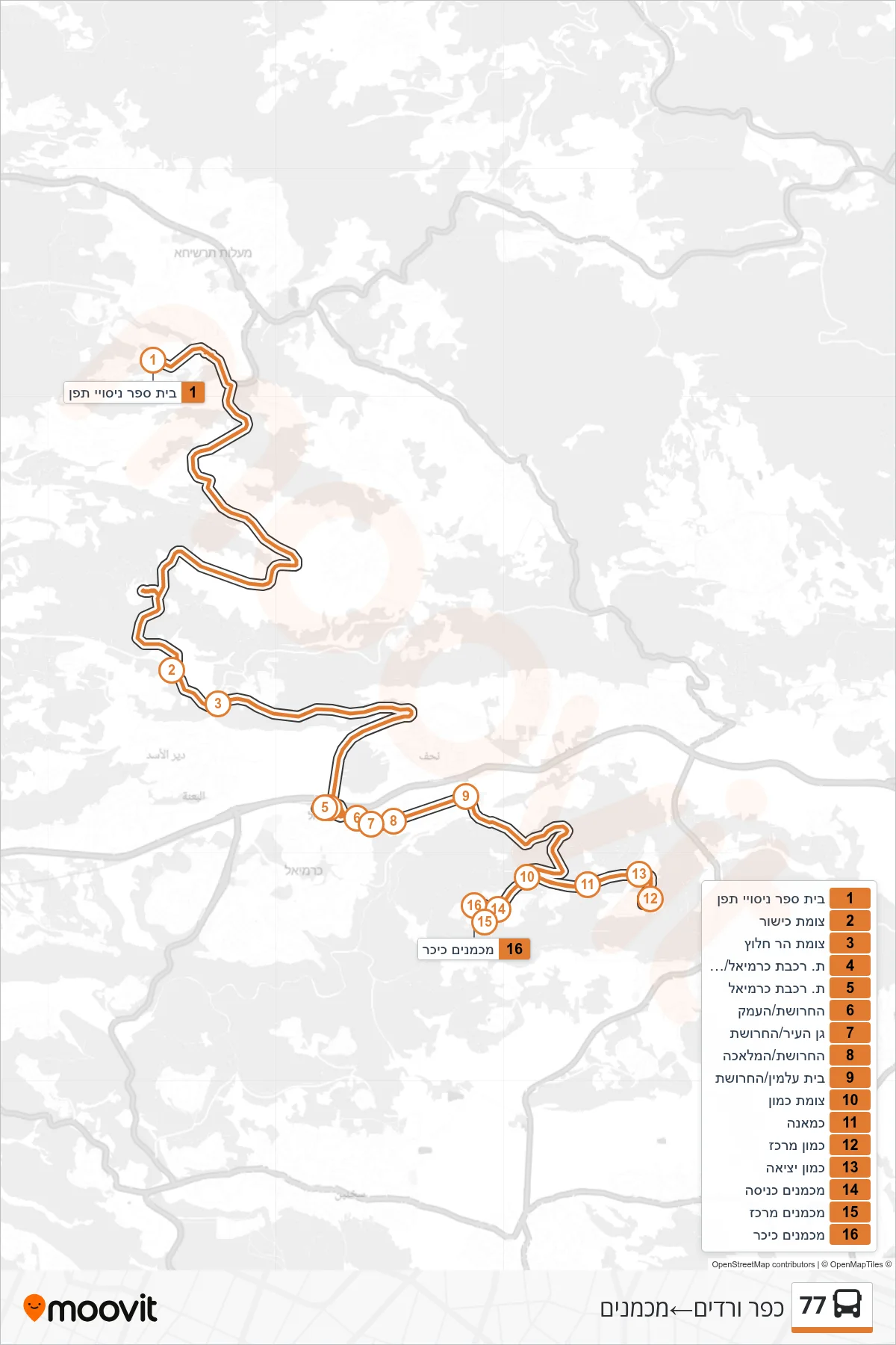 77 bus Line (Kfar Vradim‎→Mikhmanim) route and stops on a map