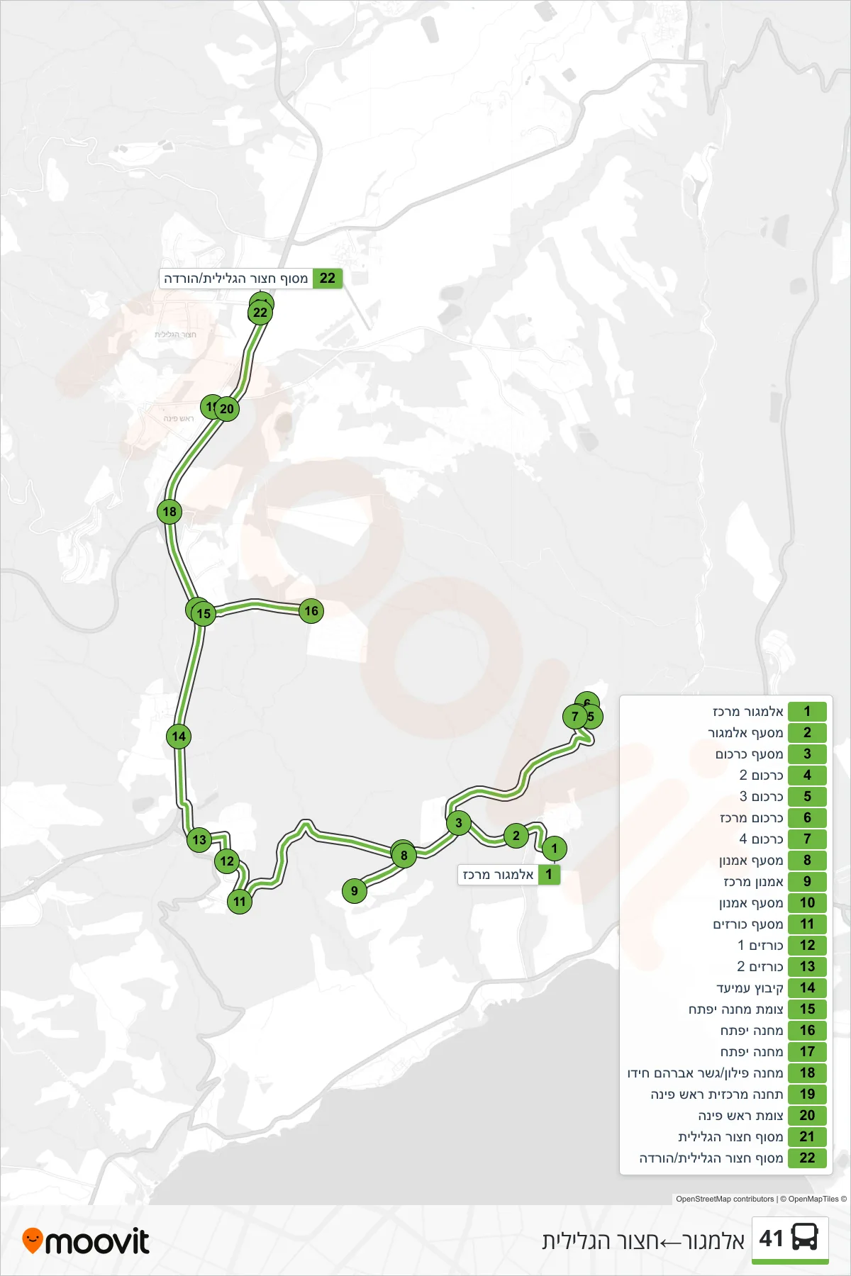 41 bus Line (Almagor‎→Hatzor HaGlilit) route and stops on a map