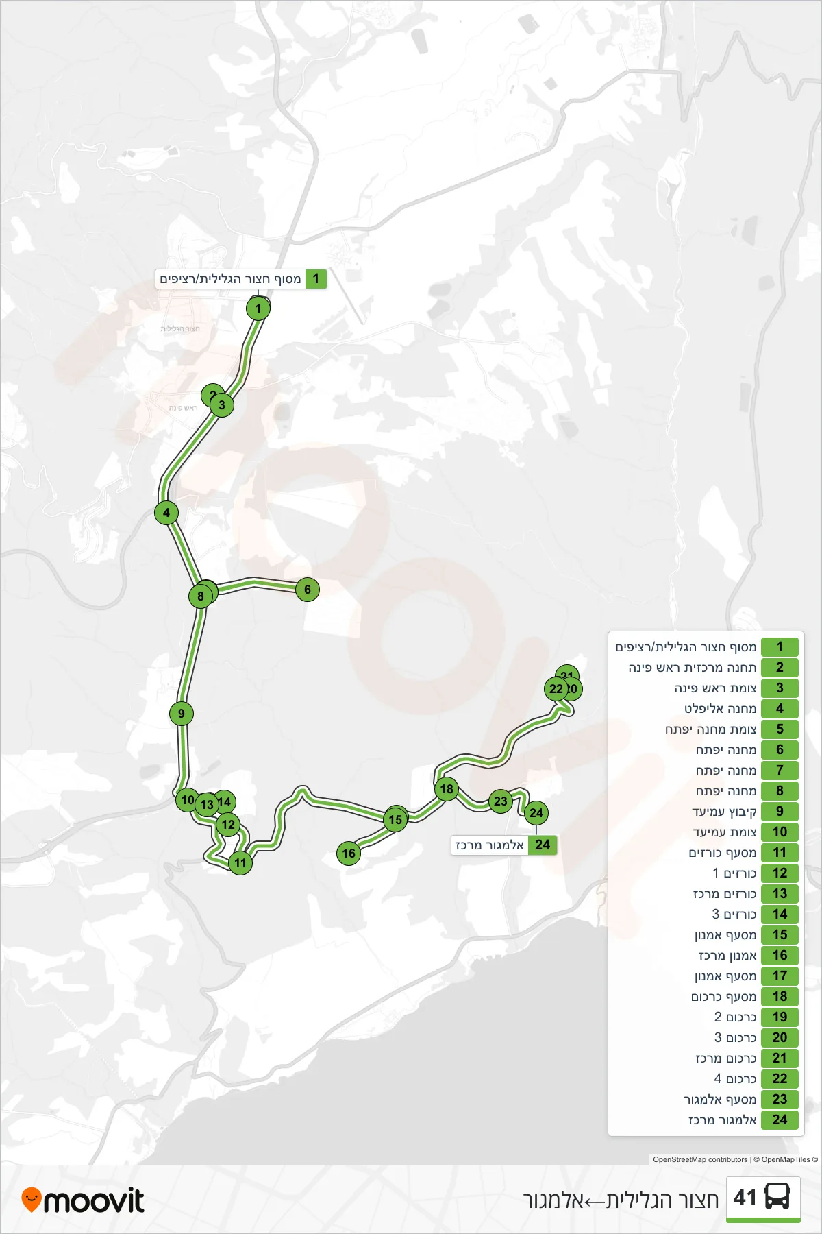 41  Line (Hatzor HaGlilit‎→Almagor) route and stops on a map