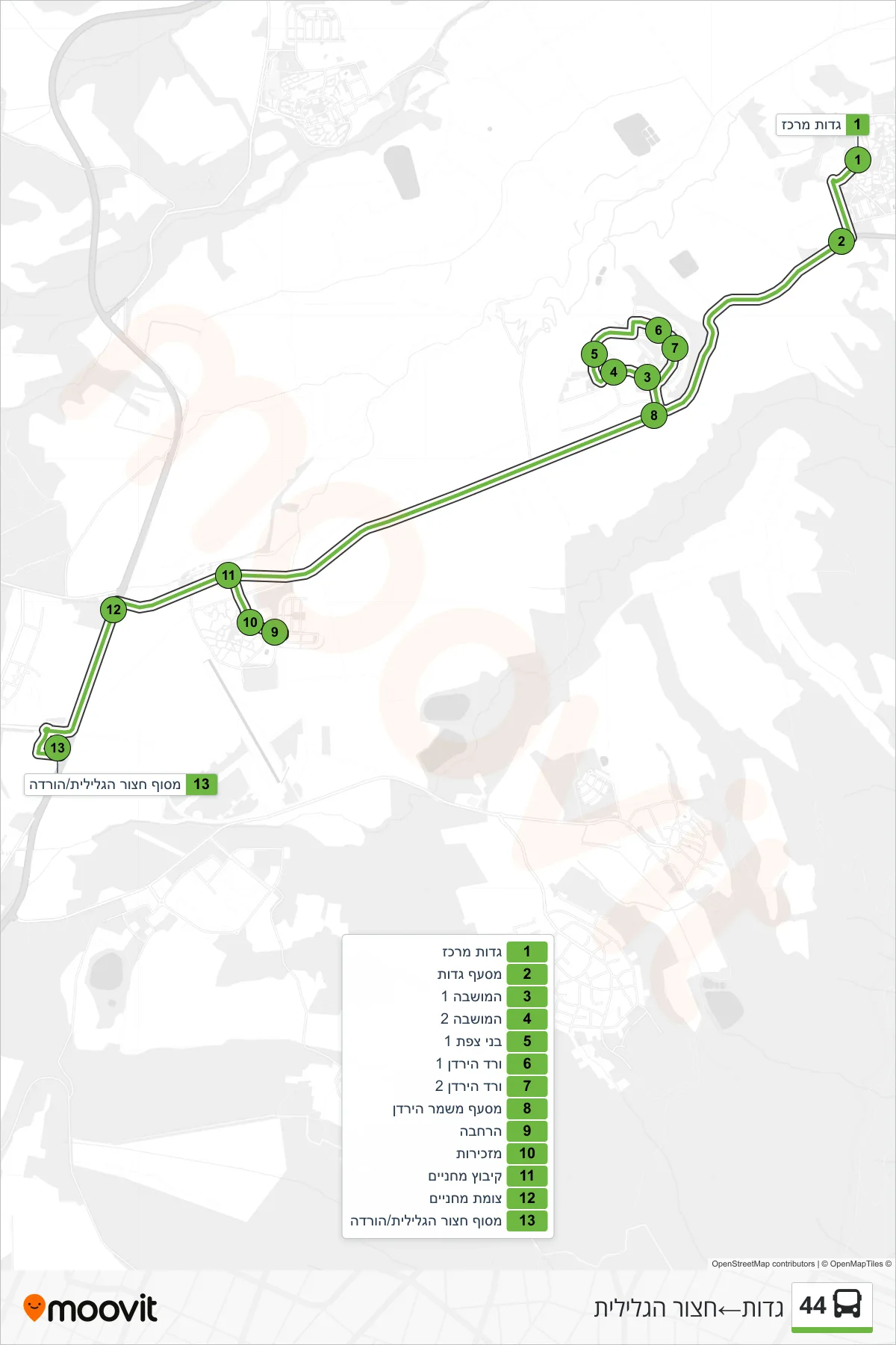 44  Line (Gadot‎→Hatzor HaGlilit) route and stops on a map