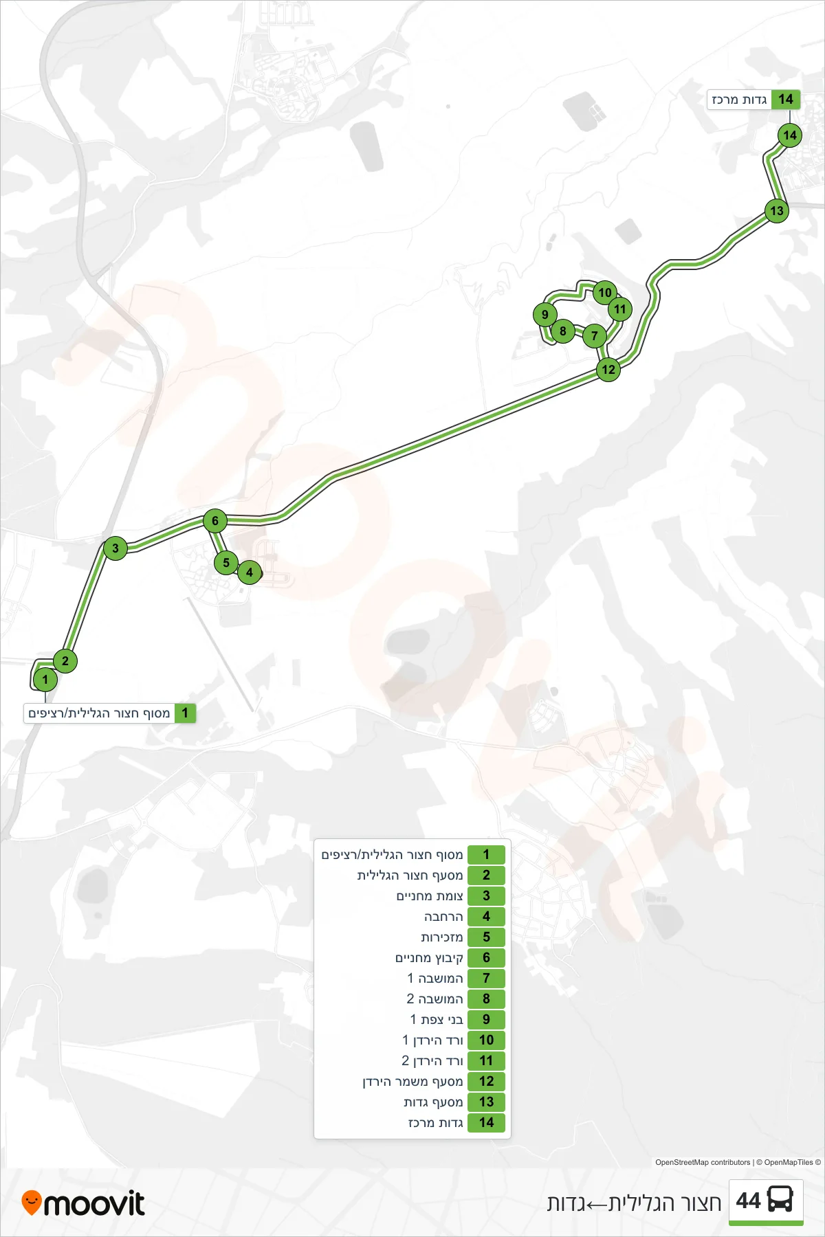 44 Line (Hatzor HaGlilit→Gadot) route and stops on a map
