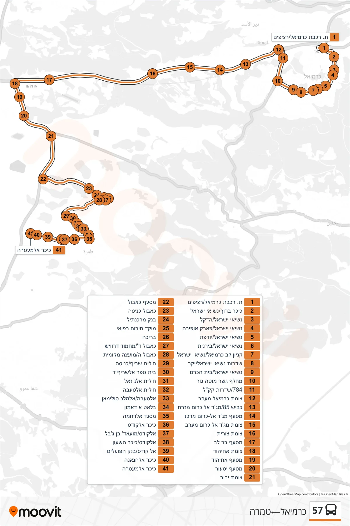 57 bus Line (Carmiel‎→Tamra) route and stops on a map