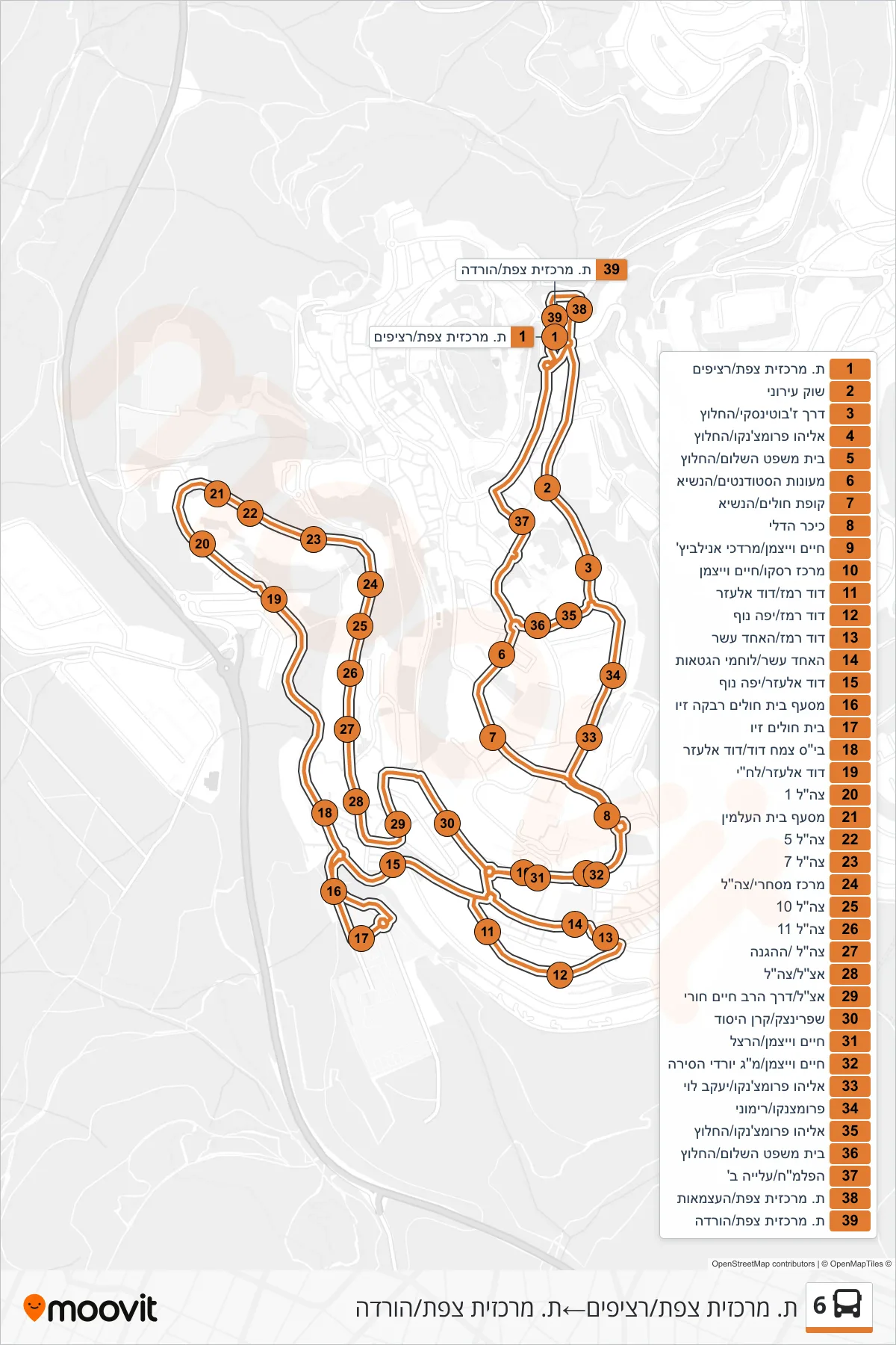 6 bus Line (Safed Central Station/Platforms‎→Safed Central Station/Drop Off) route and stops on a map