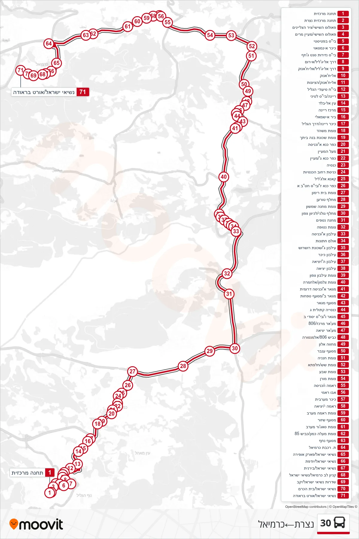 30 bus Line (Nazareth‎→Carmiel) route and stops on a map