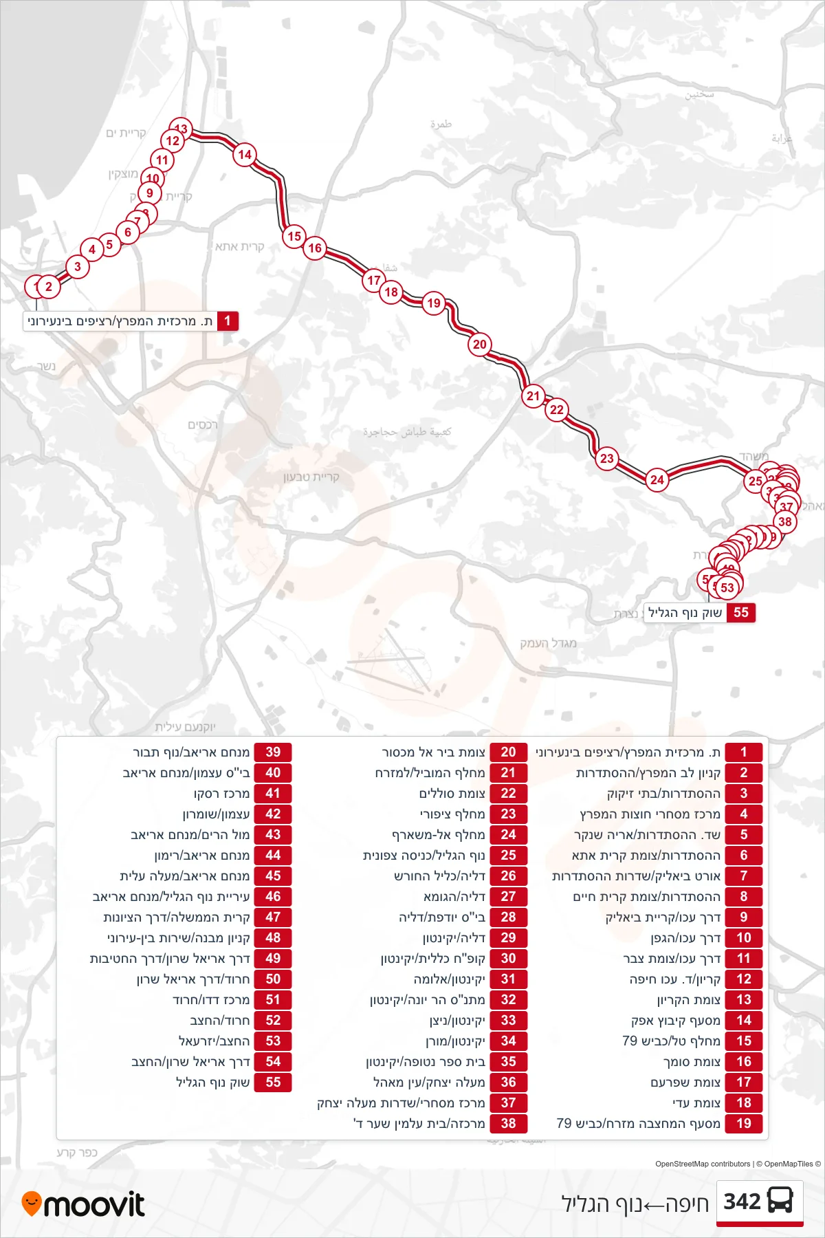 342 bus Line (Haifa‎→Nof HaGalil) route and stops on a map