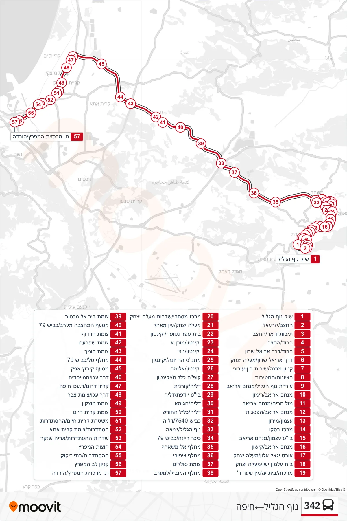 342  Line (Nof HaGalil‎→Haifa) route and stops on a map