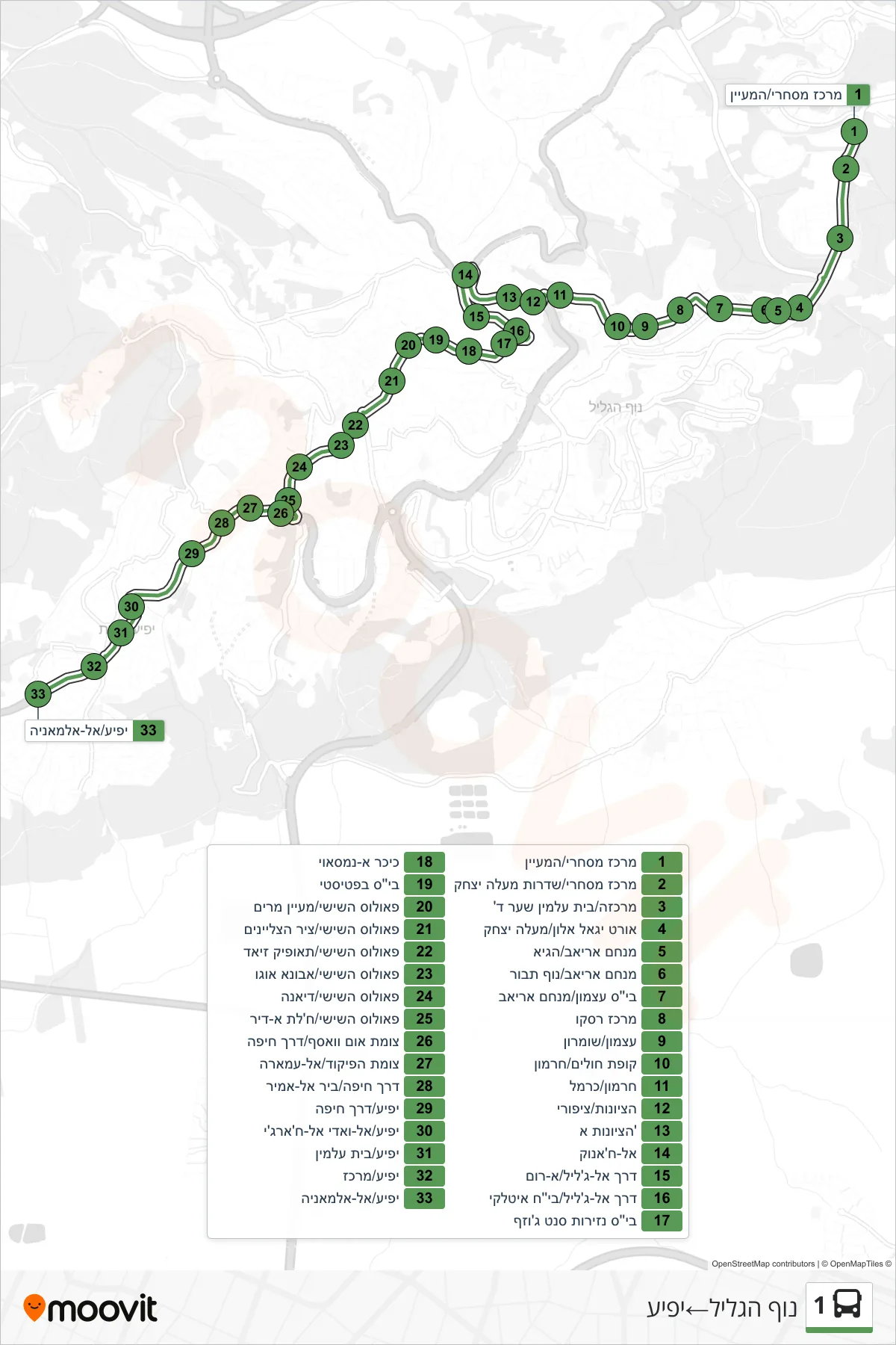 1 bus Line (Nof HaGalil‎→Yafi'a) route and stops on a map