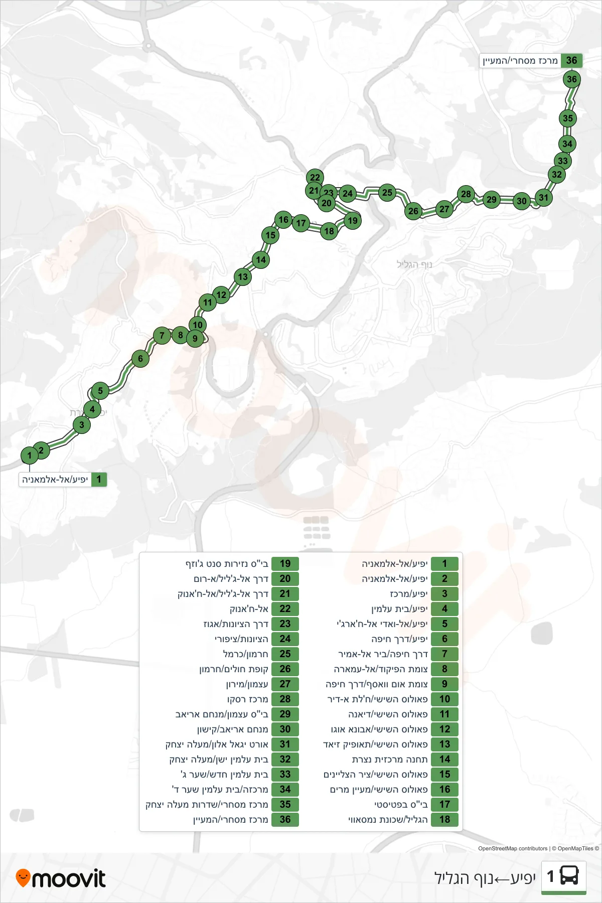 1 bus Line (Yafi'a‎→Nof HaGalil) route and stops on a map