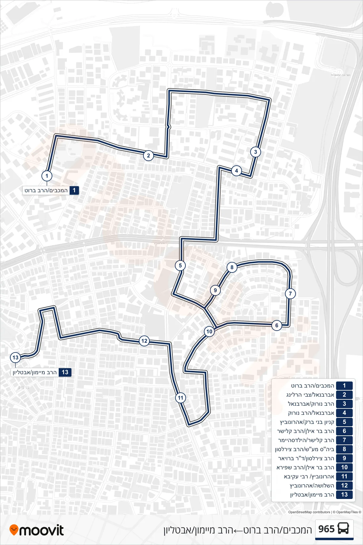 965 bus Line (HaMaccabim/HaRav Brot‎→Rav Maimon/Avtalion) route and stops on a map