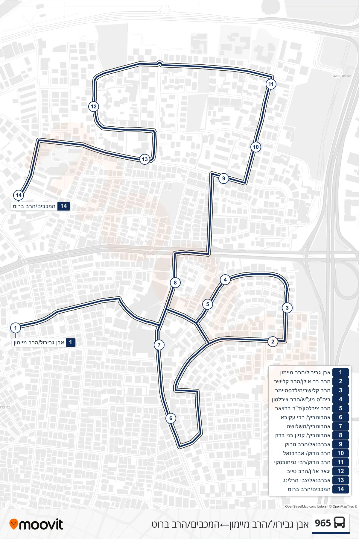 965 bus Line (Ibn Gabirol/Rabbi Maimon‎→HaMaccabim/HaRav Brot) route and stops on a map
