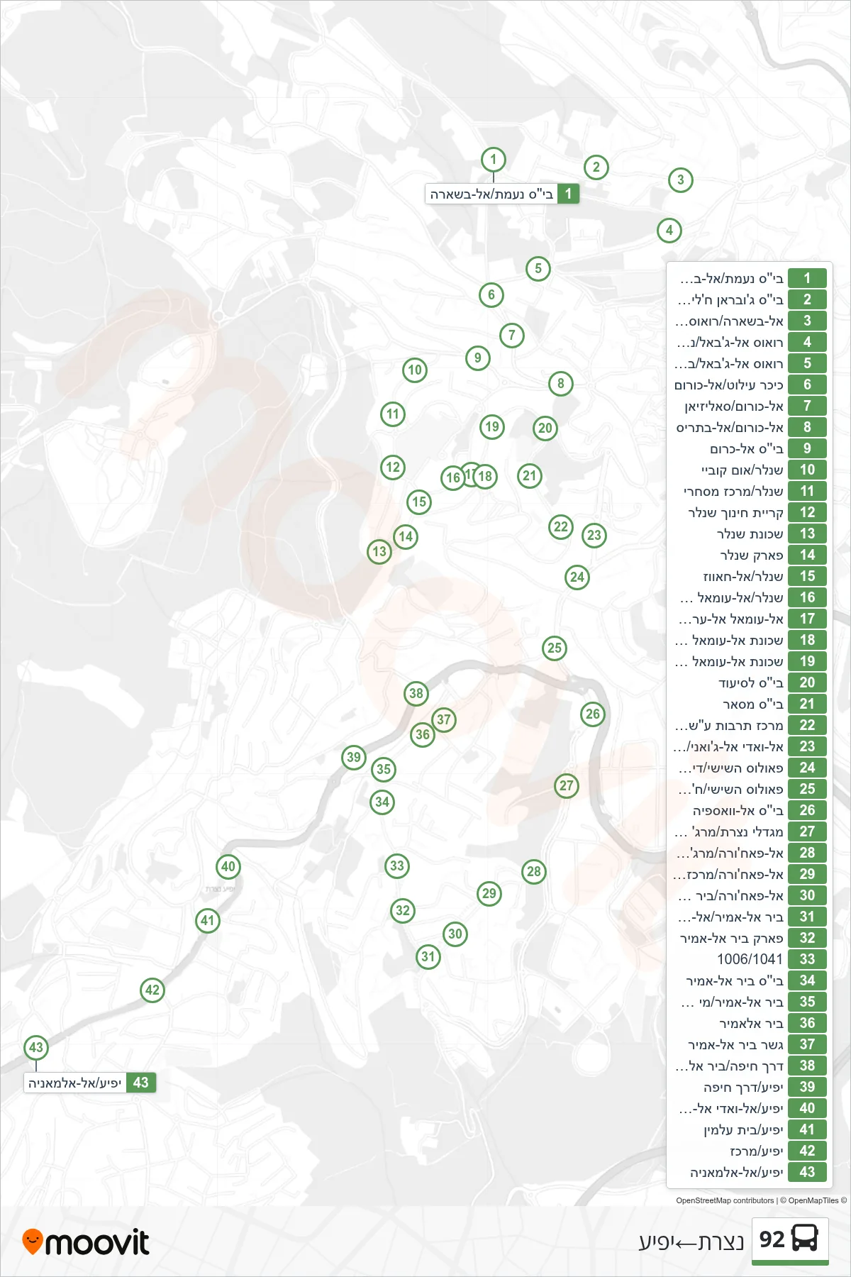 92 bus Line (Nazareth‎→Yafi'a) route and stops on a map