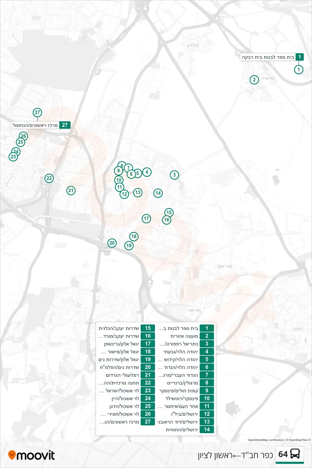 64  Line (Kfar Chabad‎→Rishon LeZion) route and stops on a map