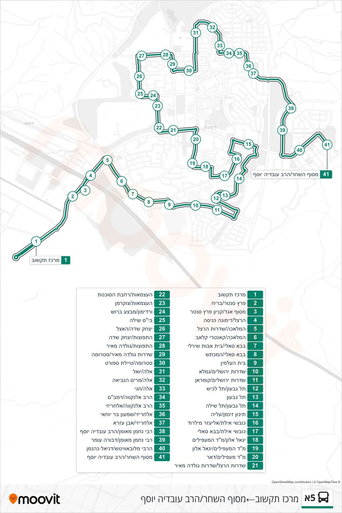 5A bus Line (Communications Center‎→HaShachar Terminal/Rav Ovadia Yosef) route and stops on a map