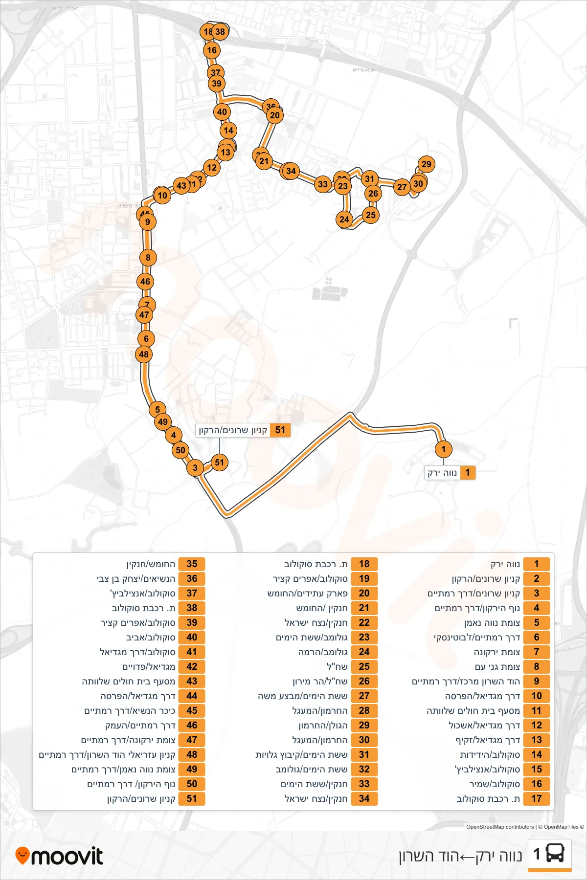 1 bus Line (Neve Yarak→Hod HaSharon) route and stops on a map