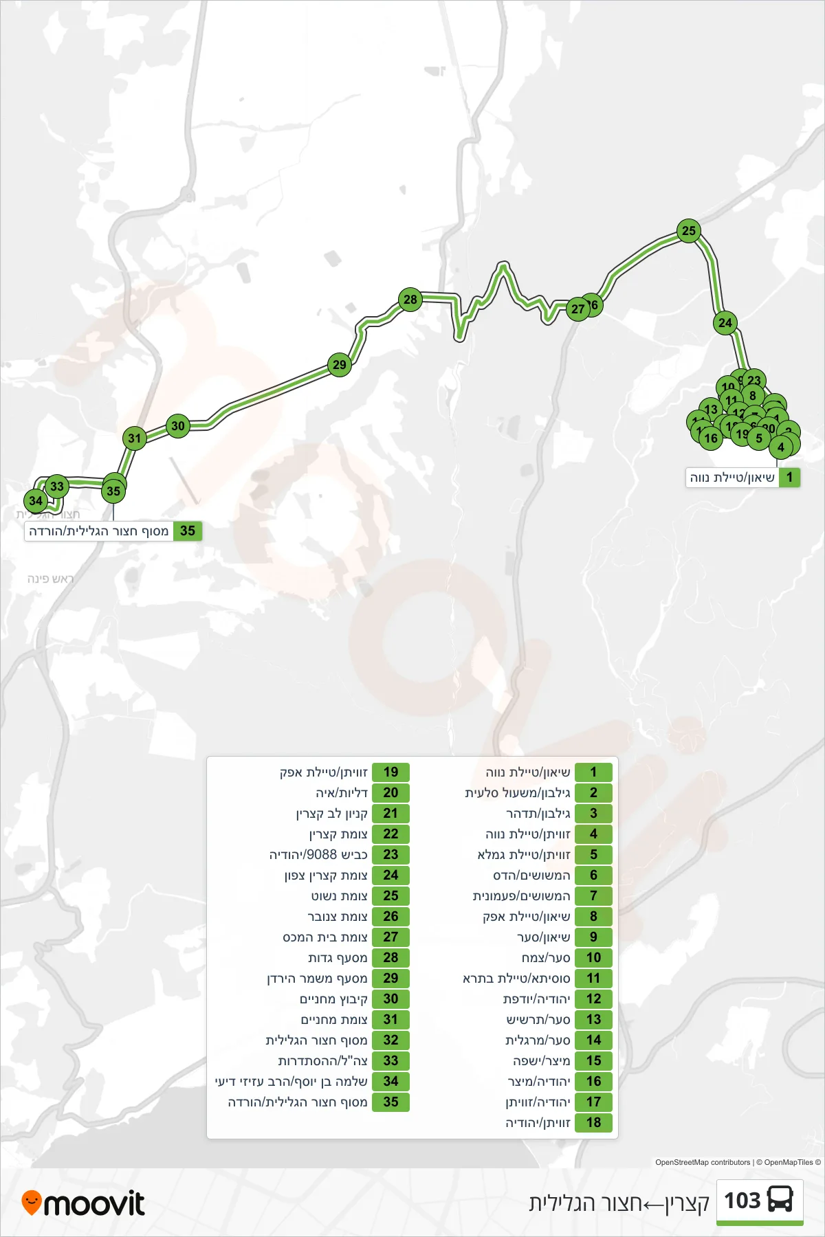 103 bus Line (Katzrin‎→Hatzor HaGlilit) route and stops on a map