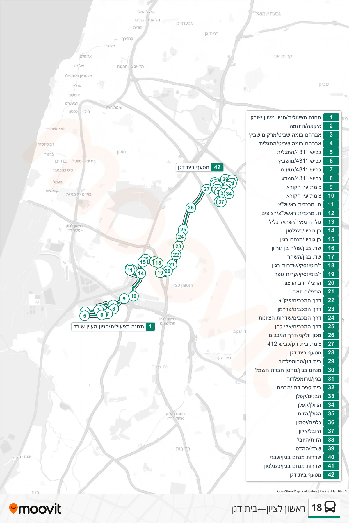 18 bus Line (Rishon LeZion‎→Beit Dagan) route and stops on a map