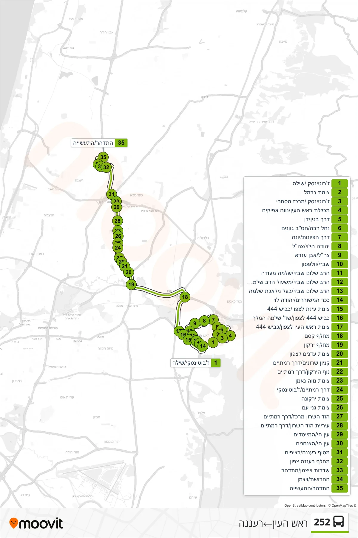 252 bus Line (Rosh HaAyin‎→Ra'anana) route and stops on a map
