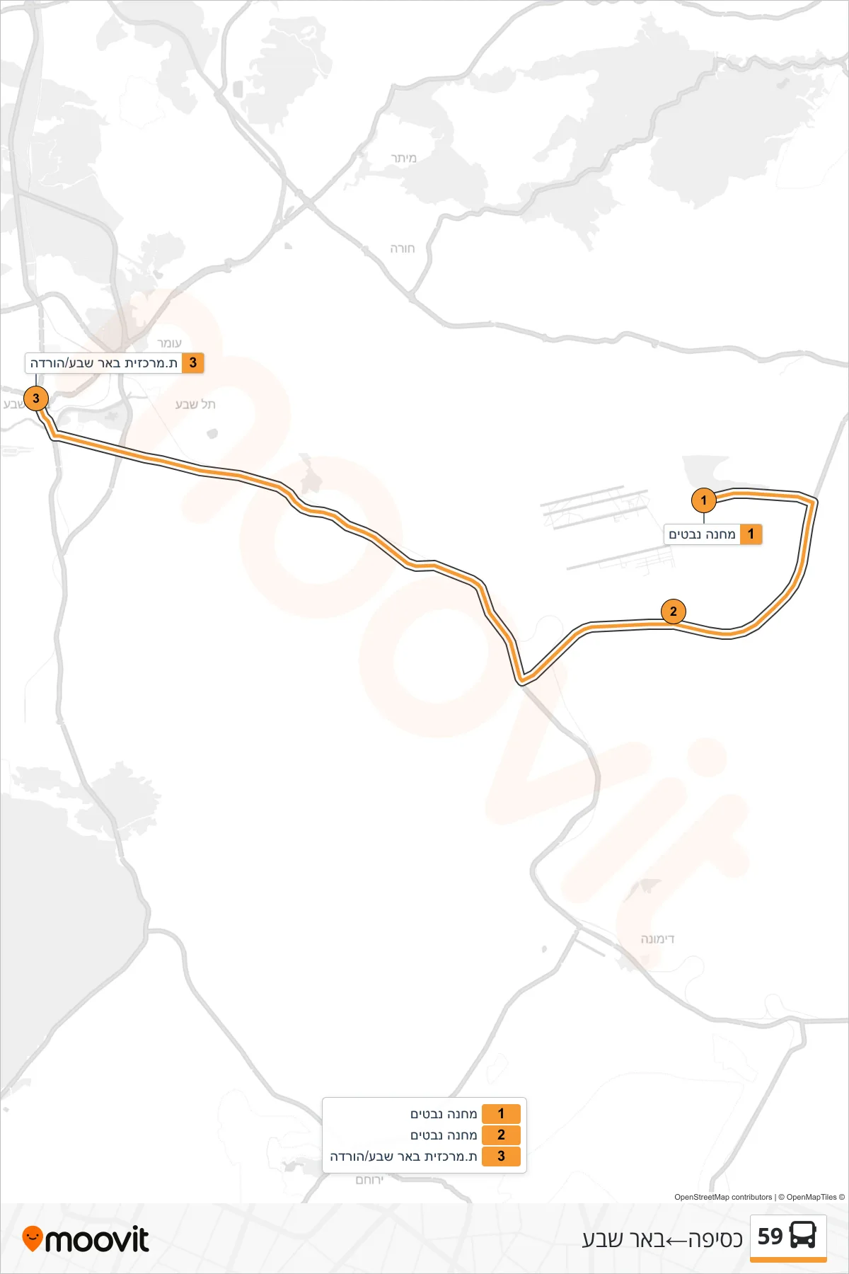59 bus Line (Kuseife‎→Beer Sheva) route and stops on a map