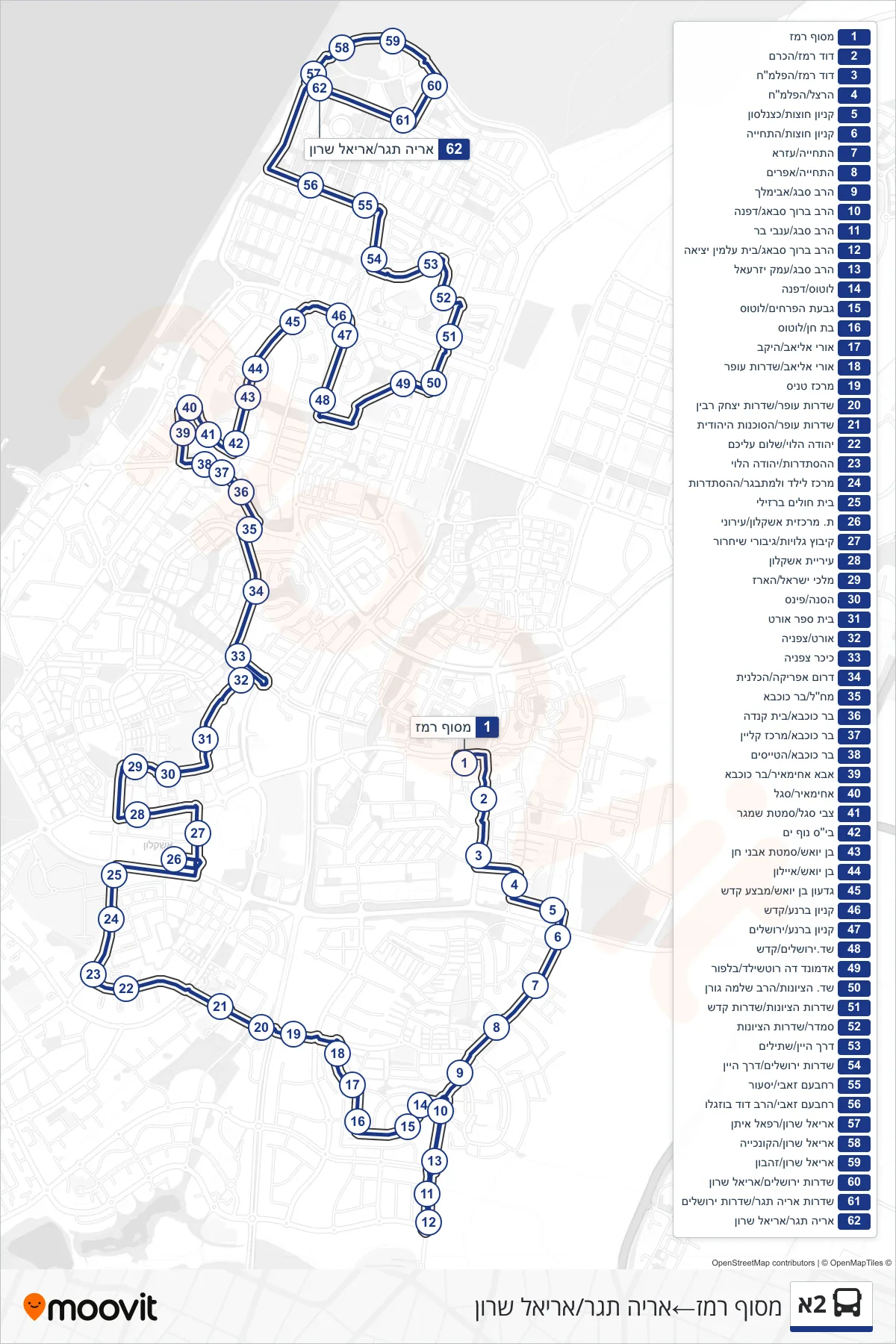 2A  Line (Remez Terminal‎→Arie Tager/Ariel Sharon) route and stops on a map