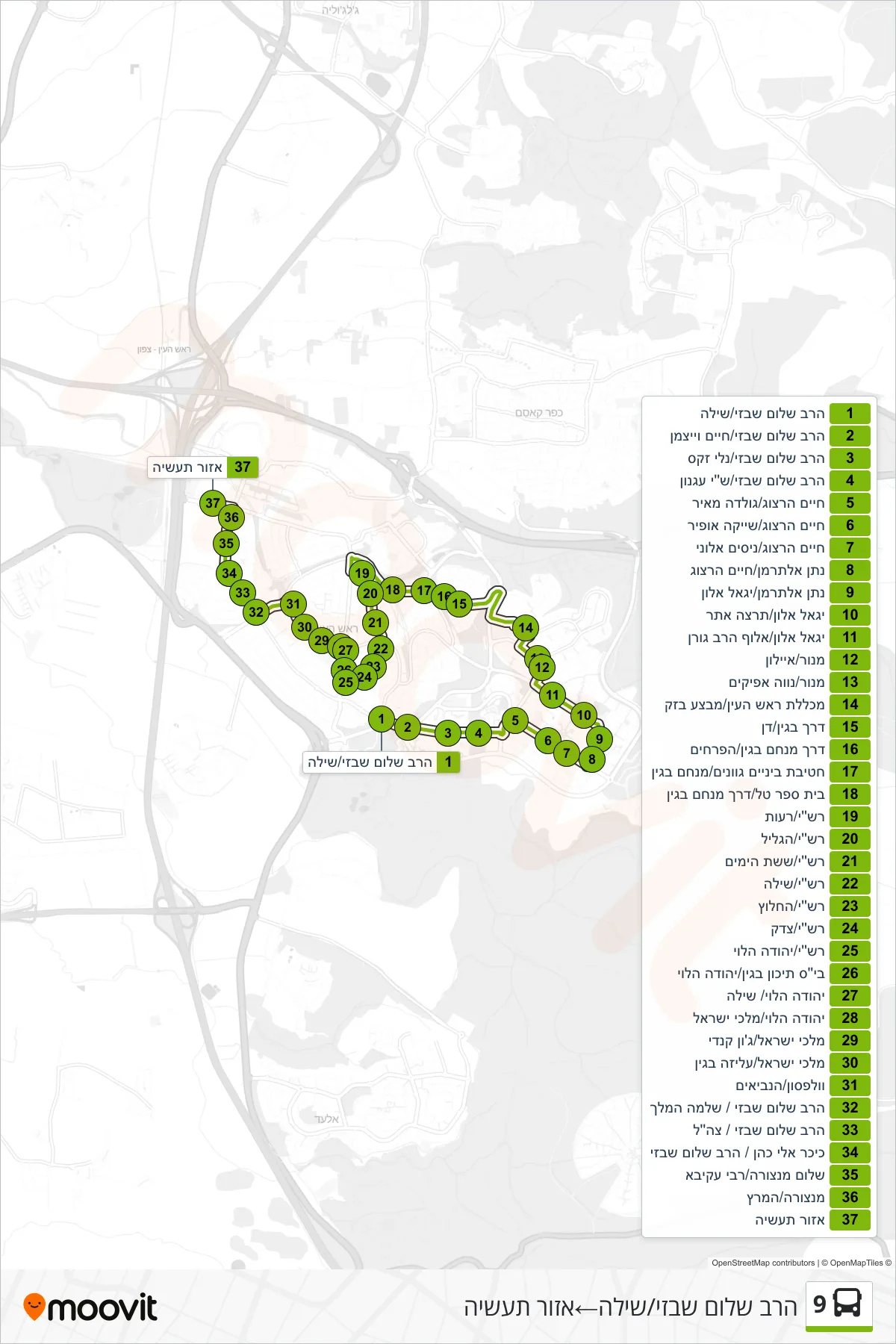 9 bus Line (Rabbi Shalom Shabazi/Shilo‎→Industrial Zone) route and stops on a map