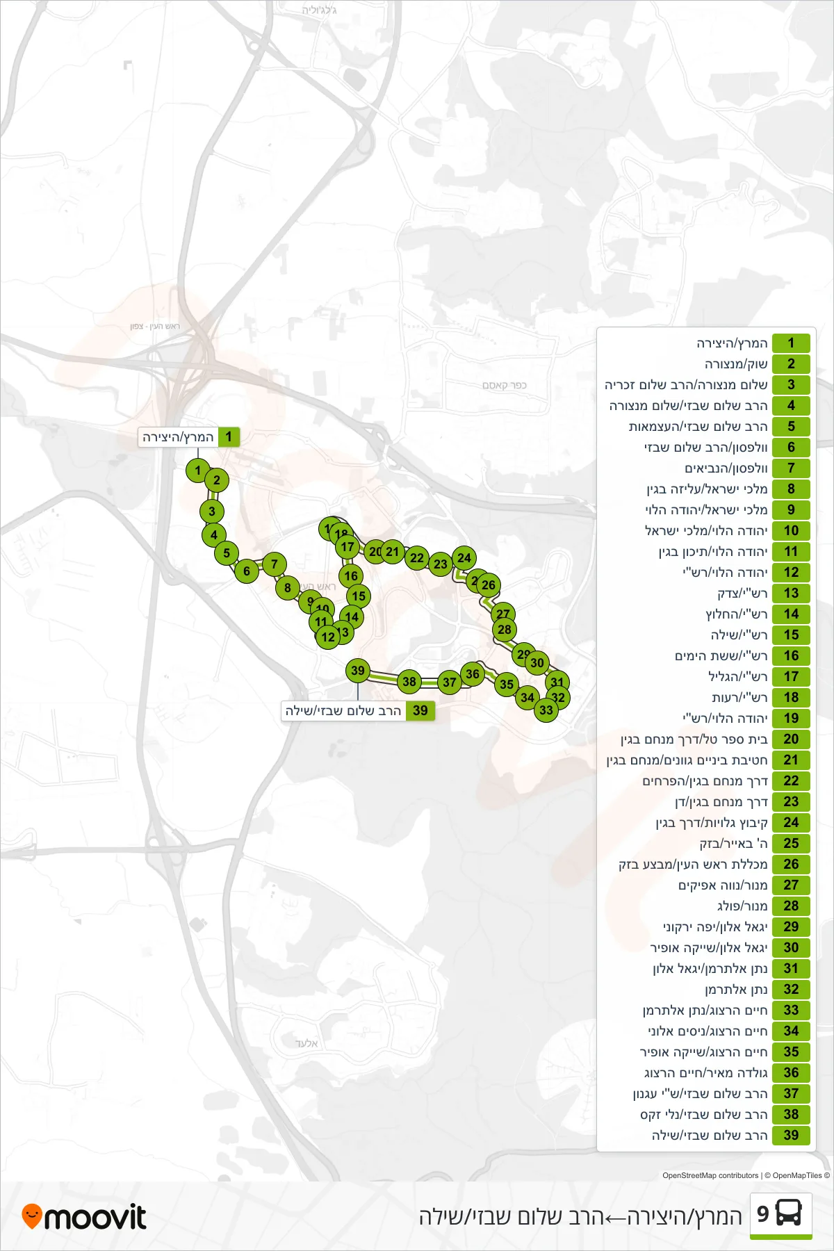 9  Line (HaMeretz/HaYetzira‎→Rabbi Shalom Shabazi/Shilo) route and stops on a map