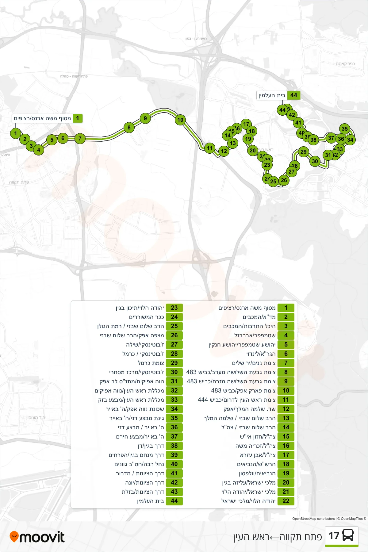 17 bus Line (Petah Tikva‎→Rosh HaAyin) route and stops on a map