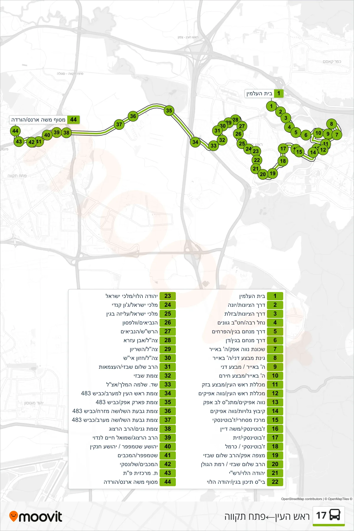 17 bus Line (Rosh HaAyin→Petah Tikva) route and stops on a map