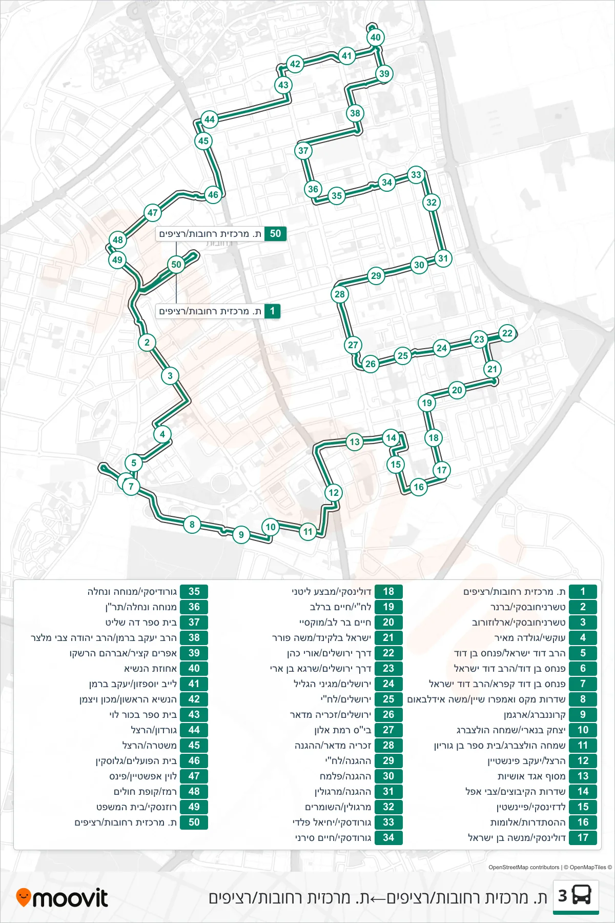 3 bus Line (Rehovot Central Station/Platforms‎→Rehovot Central Station/Platforms) route and stops on a map