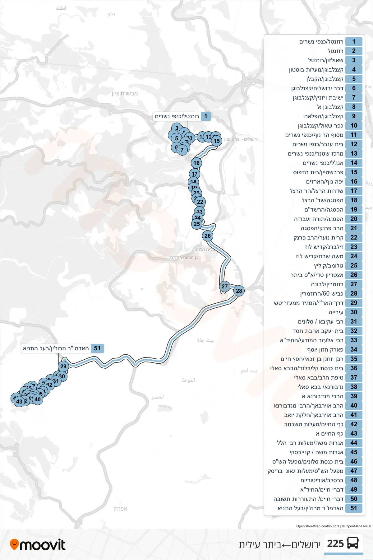 225  Line (Jerusalem‎→Beitar Illit) route and stops on a map