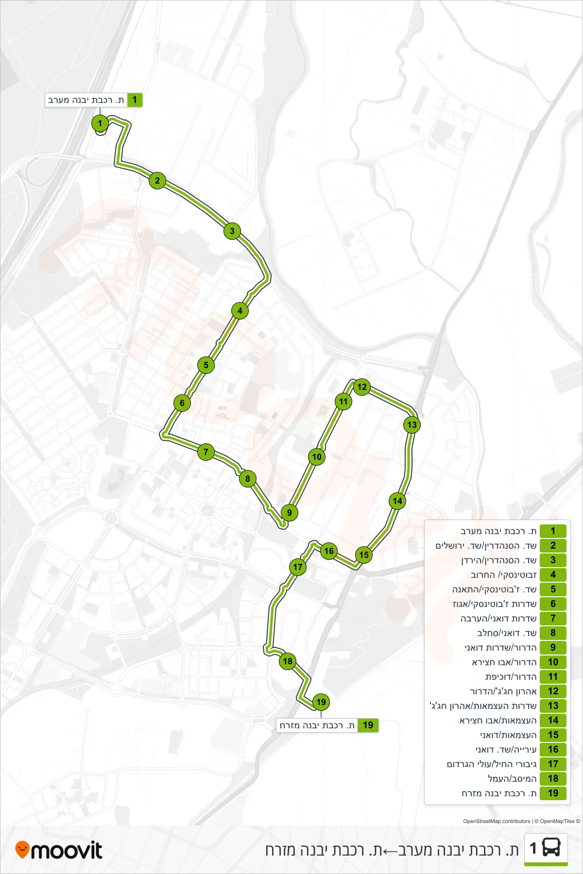 1  Line (Yavne West Railway Station‎→Yavne East Railway Station) route and stops on a map