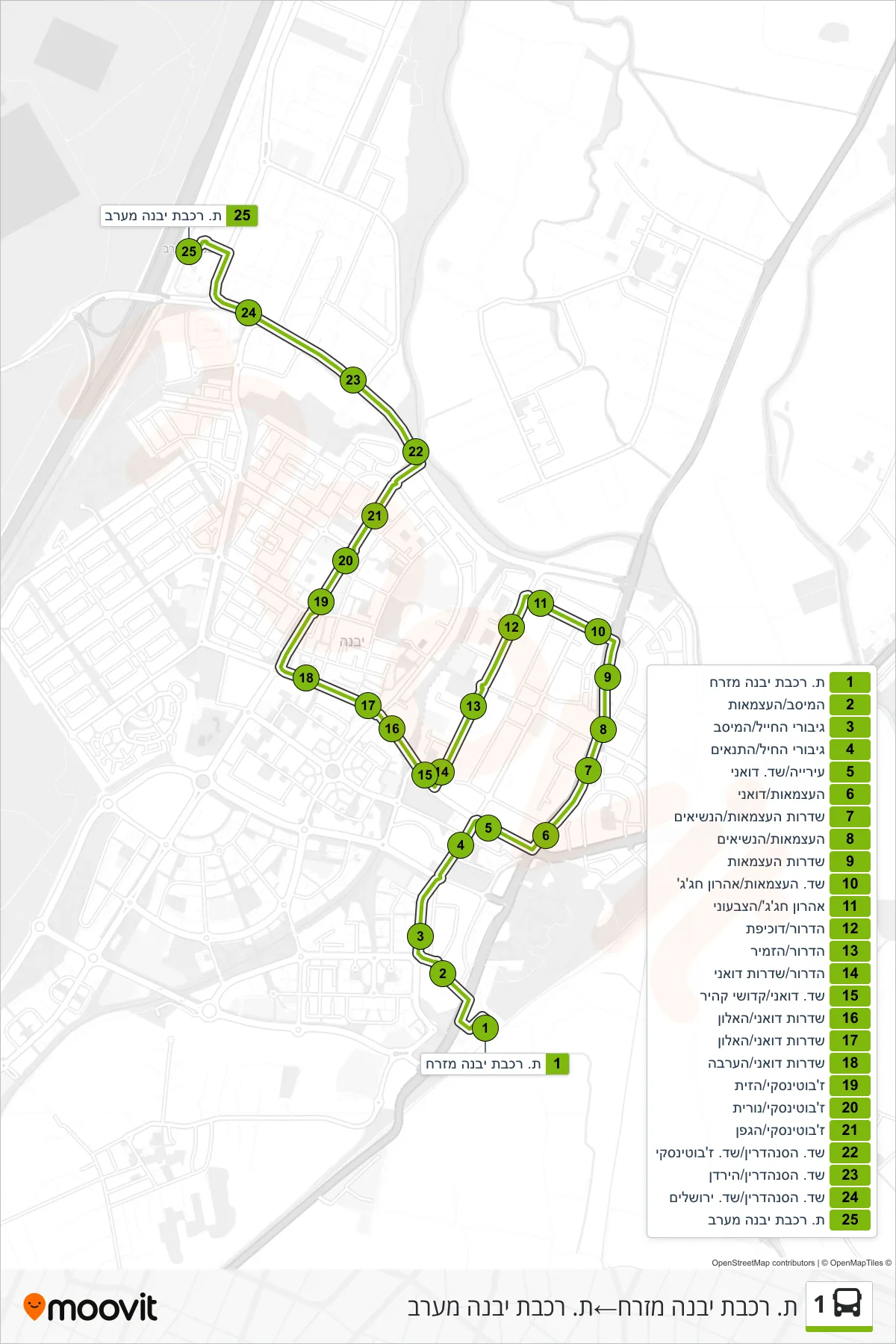 1 bus Line (Yavne East Railway Station‎→Yavne West Railway Station) route and stops on a map