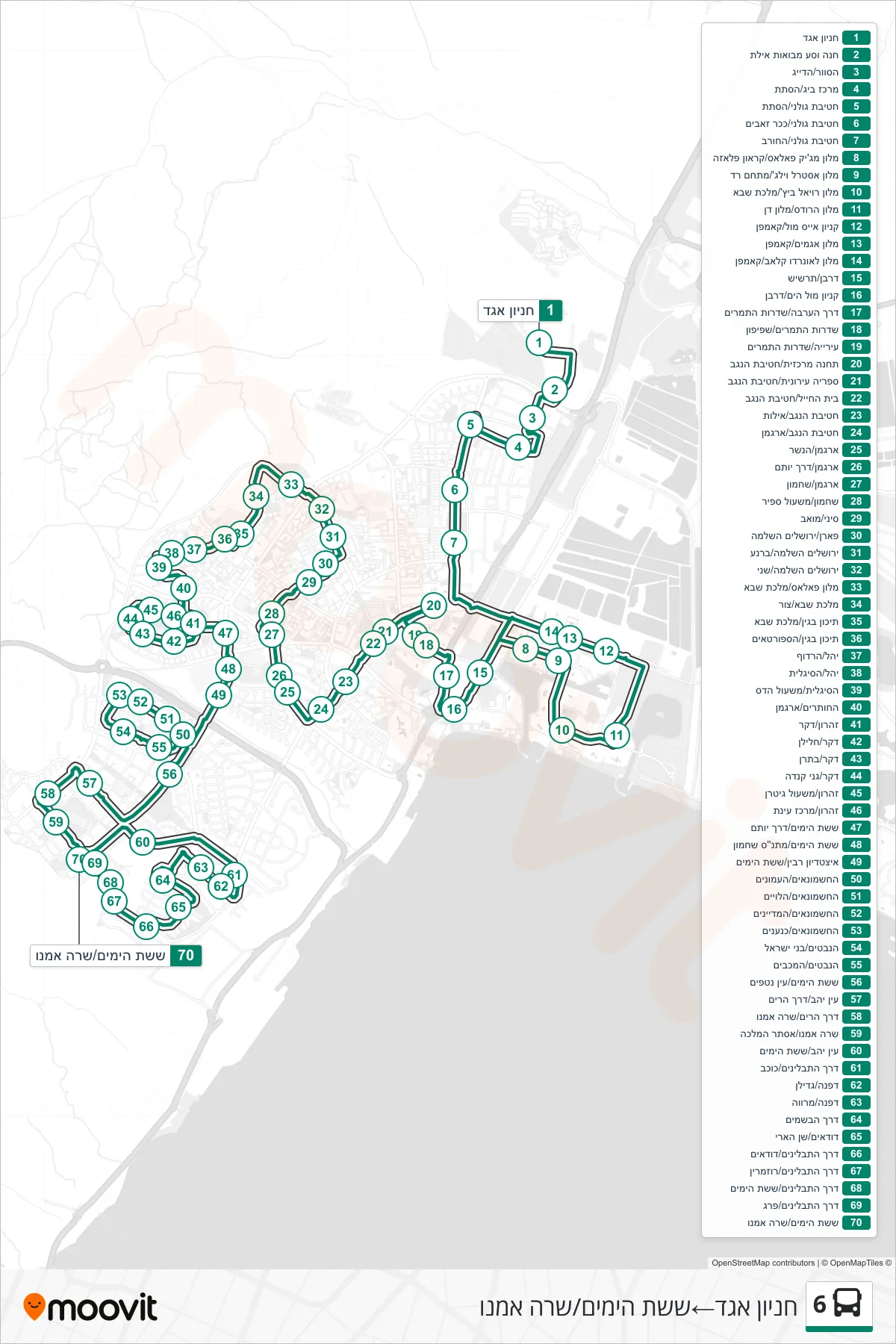 6  Line (Egged Parking Lot‎→Six Day War/Sara Imenu) route and stops on a map