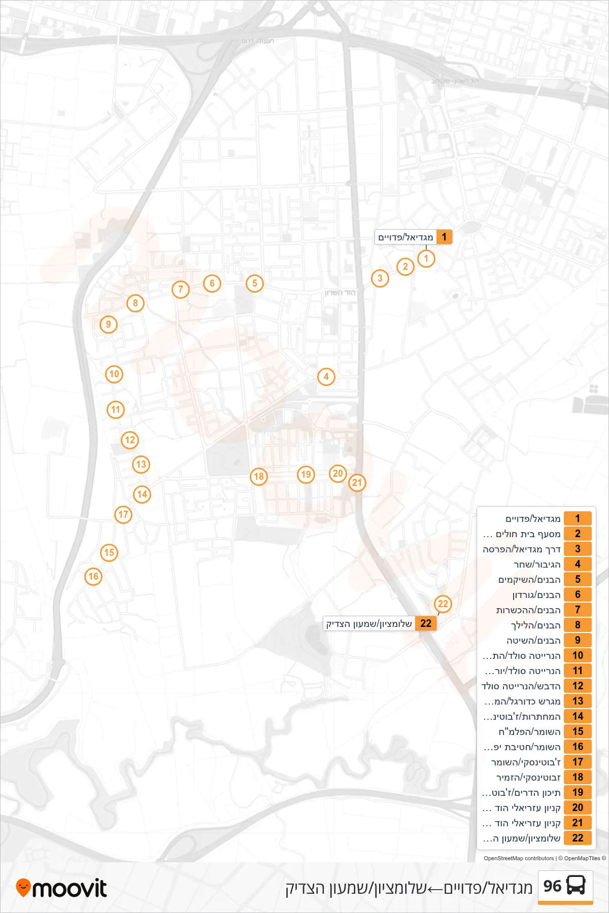 96 bus Line (Magdiel/Pduyim‎→Shlomtzion/Shimon HaTzadik) route and stops on a map