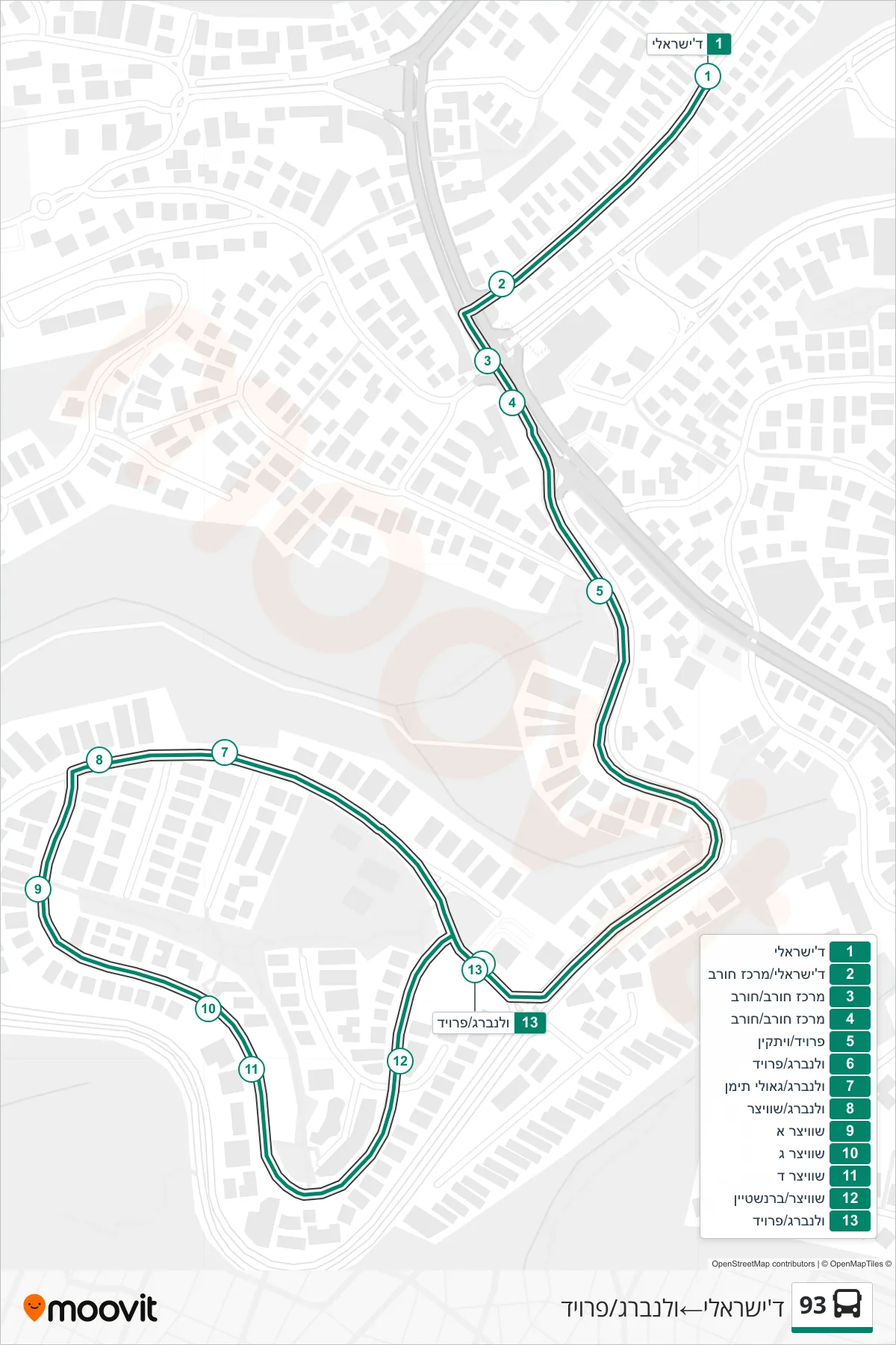 93 bus Line (D'Israeli→Walenberg/Freud) route and stops on a map