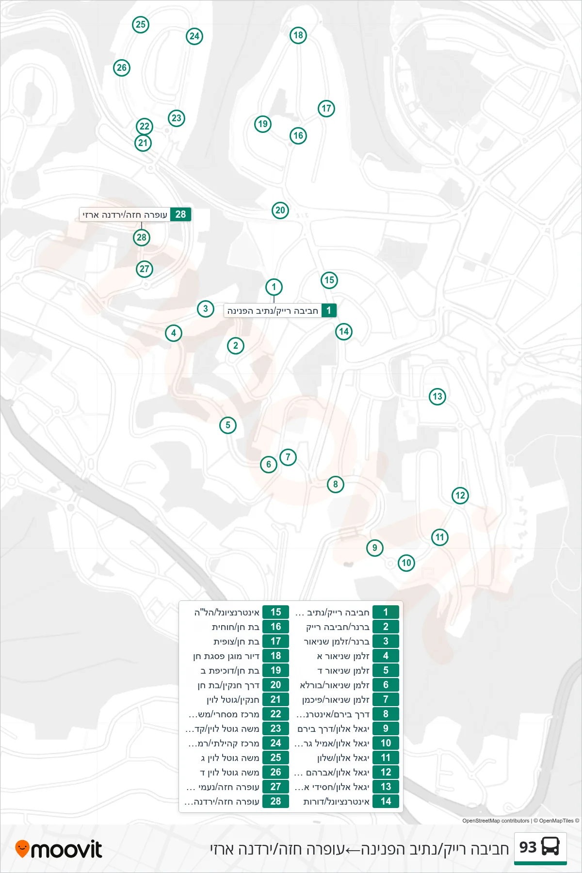 93 bus Line (Haviva Reik/Netiv HaPnina‎→Ofra Haza/Yardena Arazi) route and stops on a map