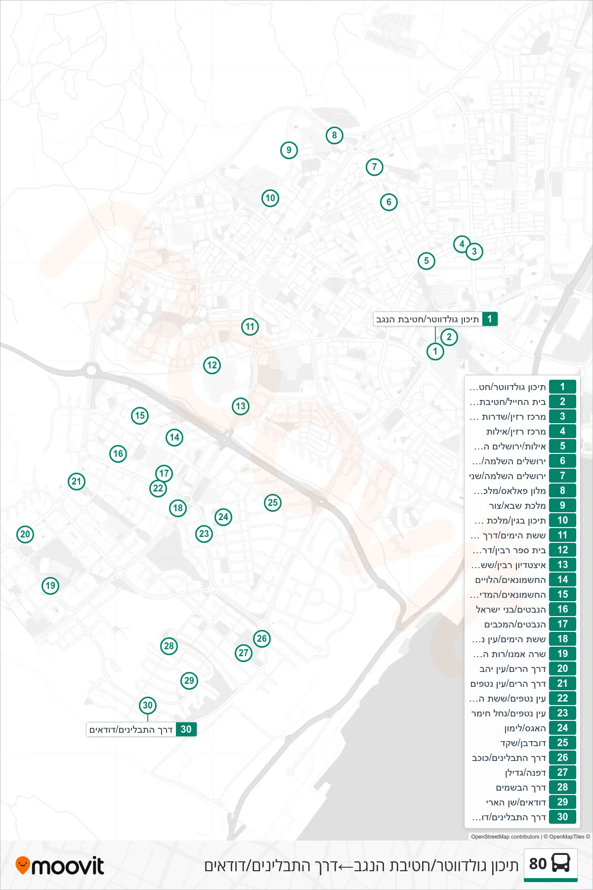 80 bus Line (Goldwater High School/Hativat HaNegev‎→Spice Road/Dudaim) route and stops on a map