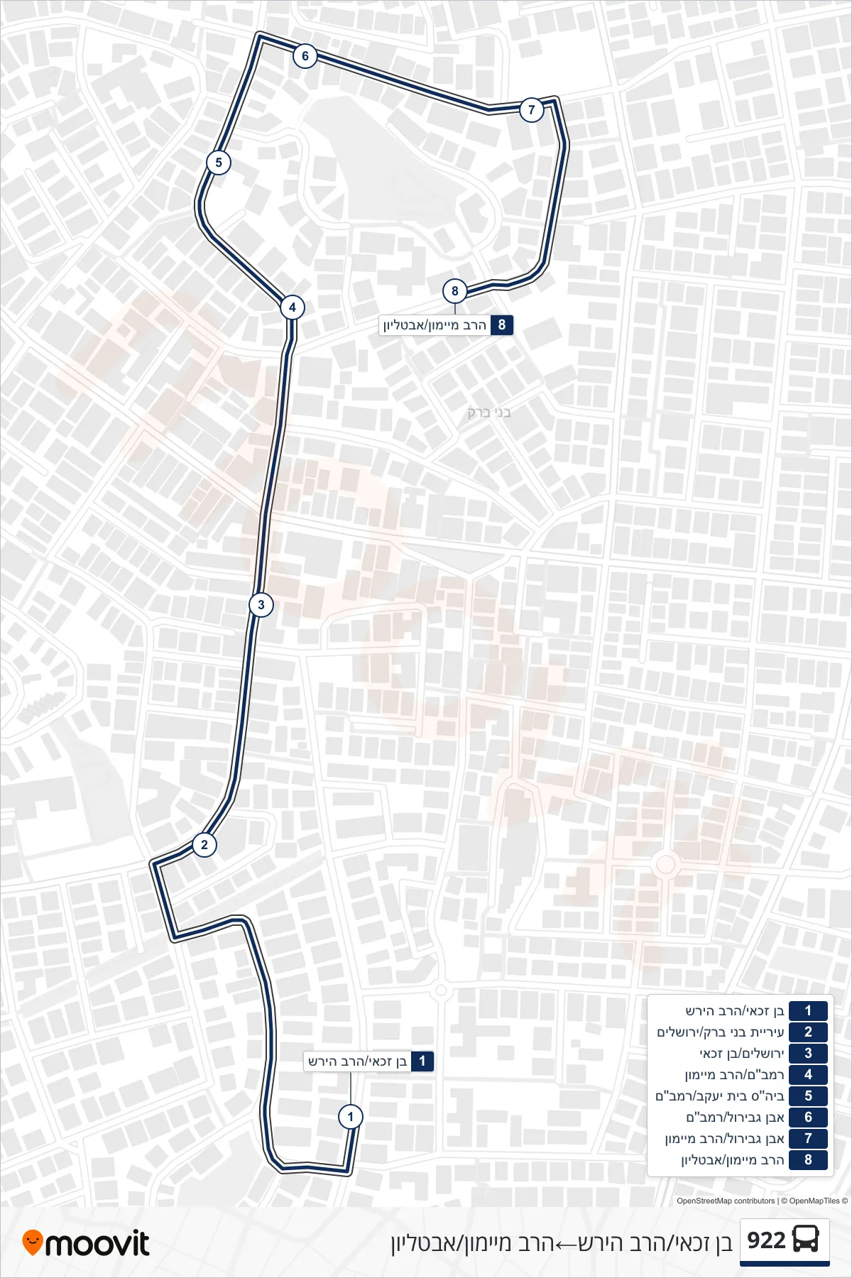 922 bus Line (Ben Zakai/HaRav Hirsch→Rav Maimon/Avtalion) route and stops on a map