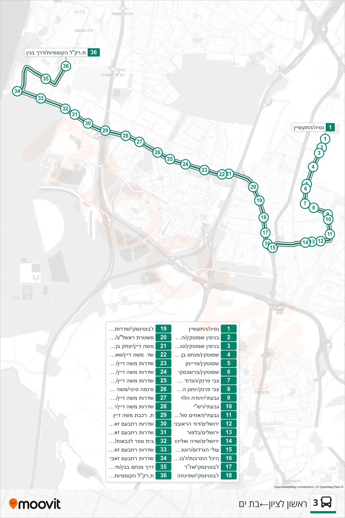 3 bus Line (Rishon LeZion‎→Bat Yam) route and stops on a map
