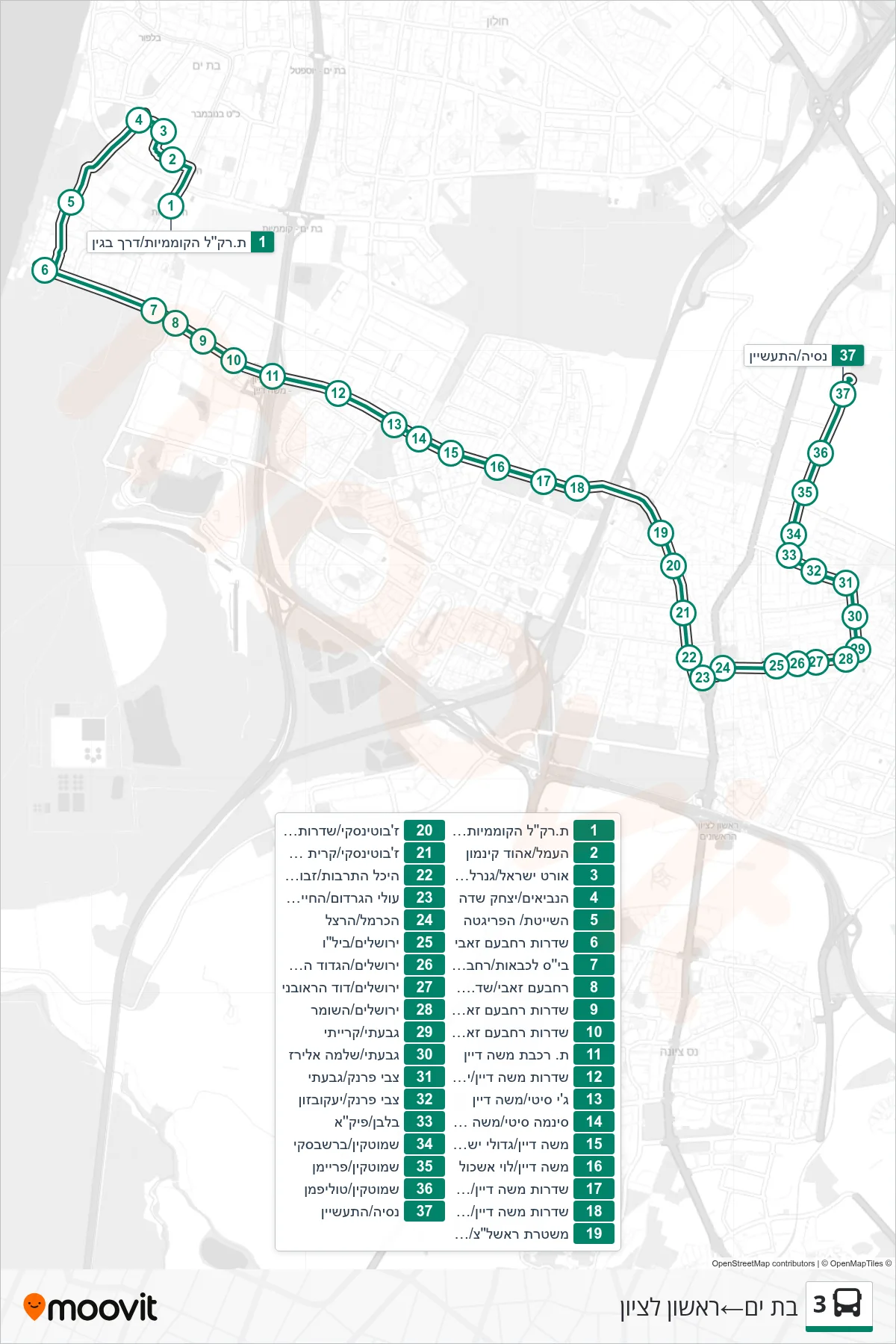 3 bus Line (Bat Yam‎→Rishon LeZion) route and stops on a map