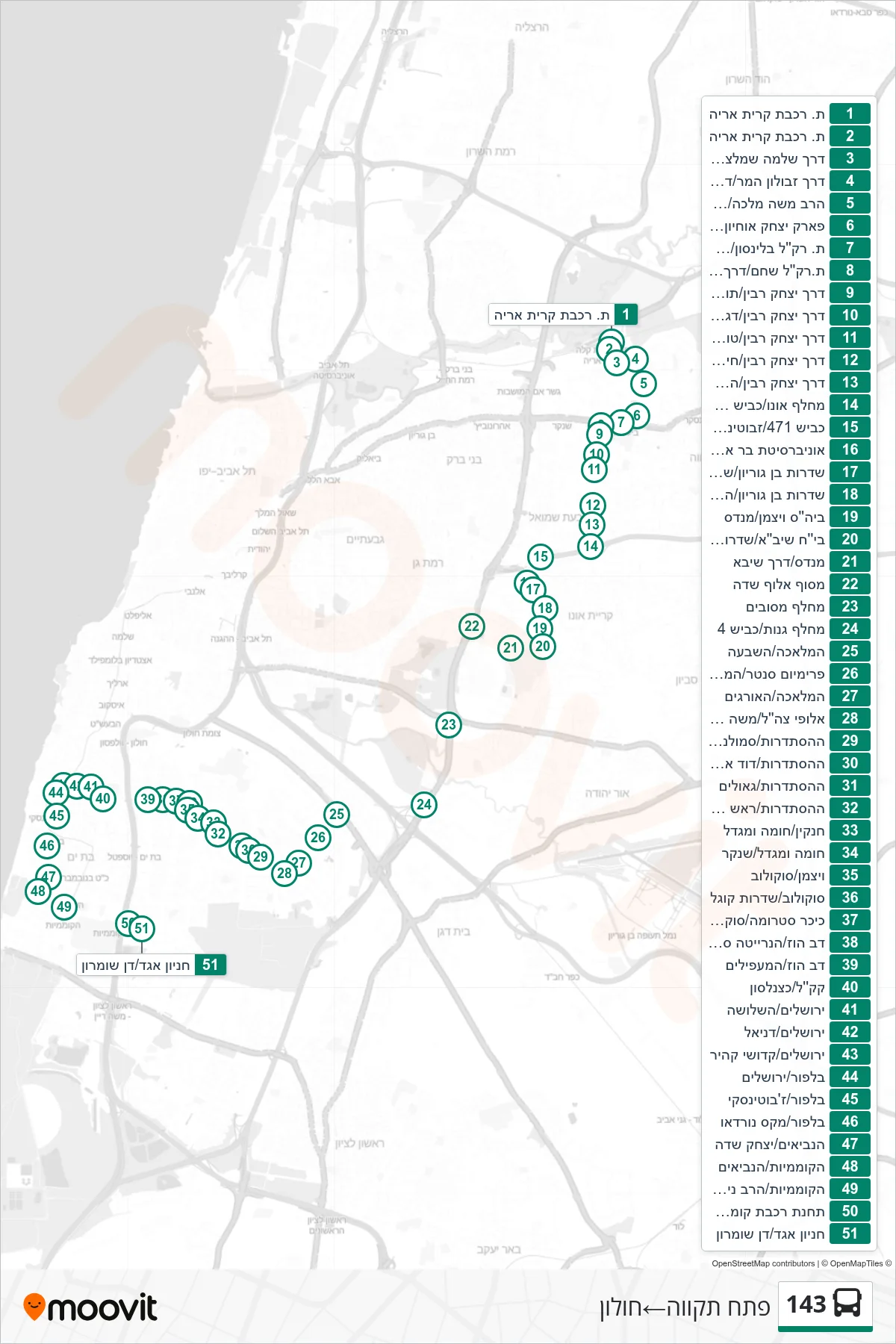 143 bus Line (Petah Tikva→Holon) route and stops on a map