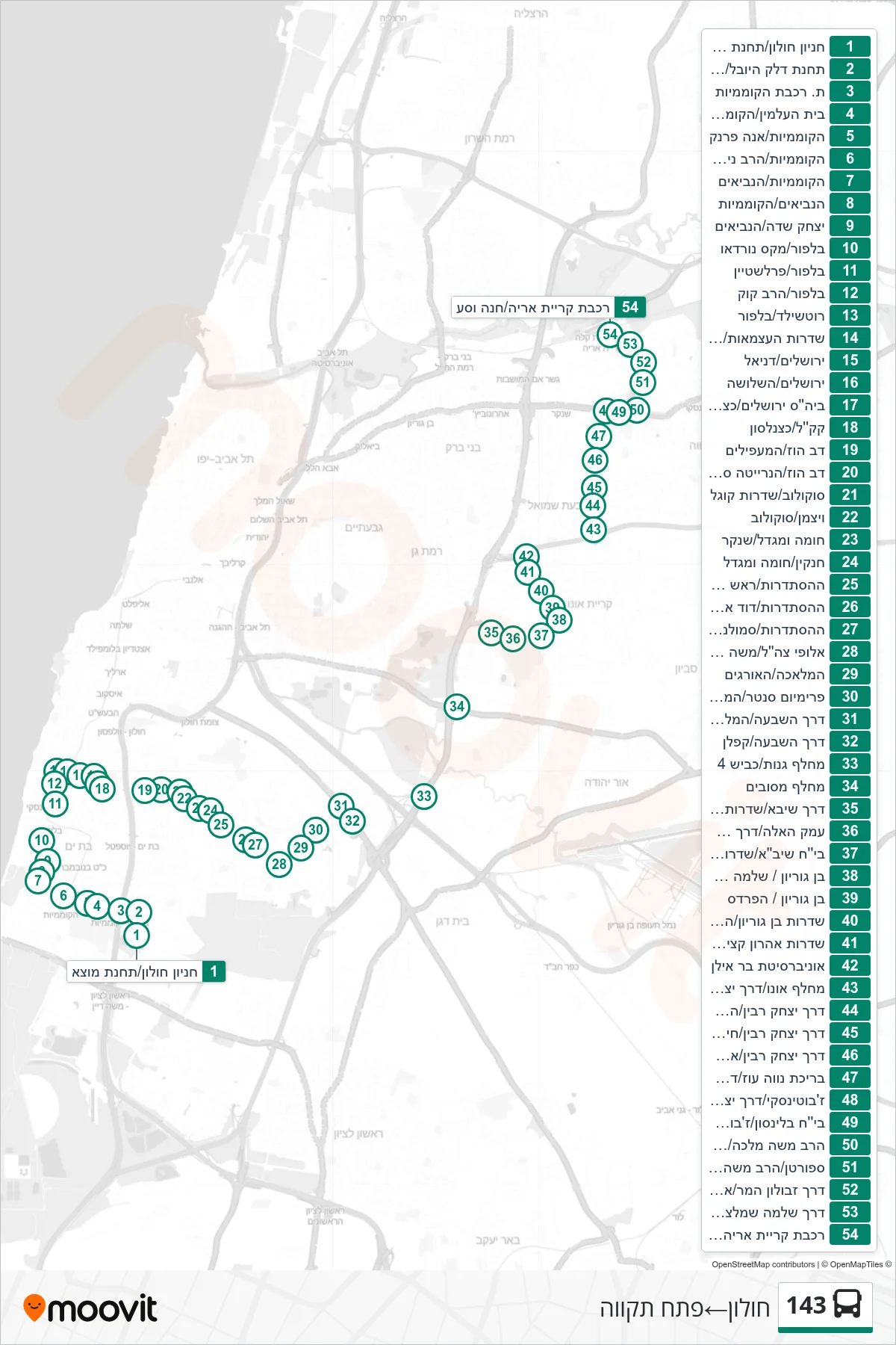 143 bus Line (Holon‎→Petah Tikva) route and stops on a map