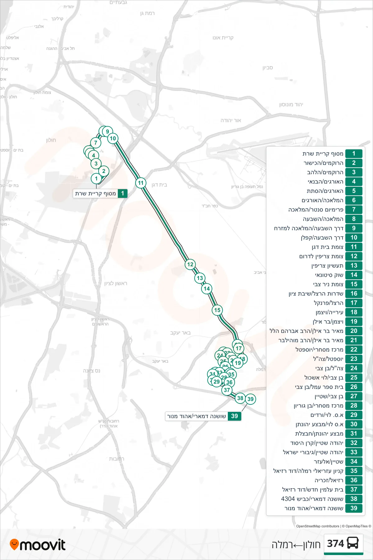 374 bus Line (Holon‎→Ramla) route and stops on a map
