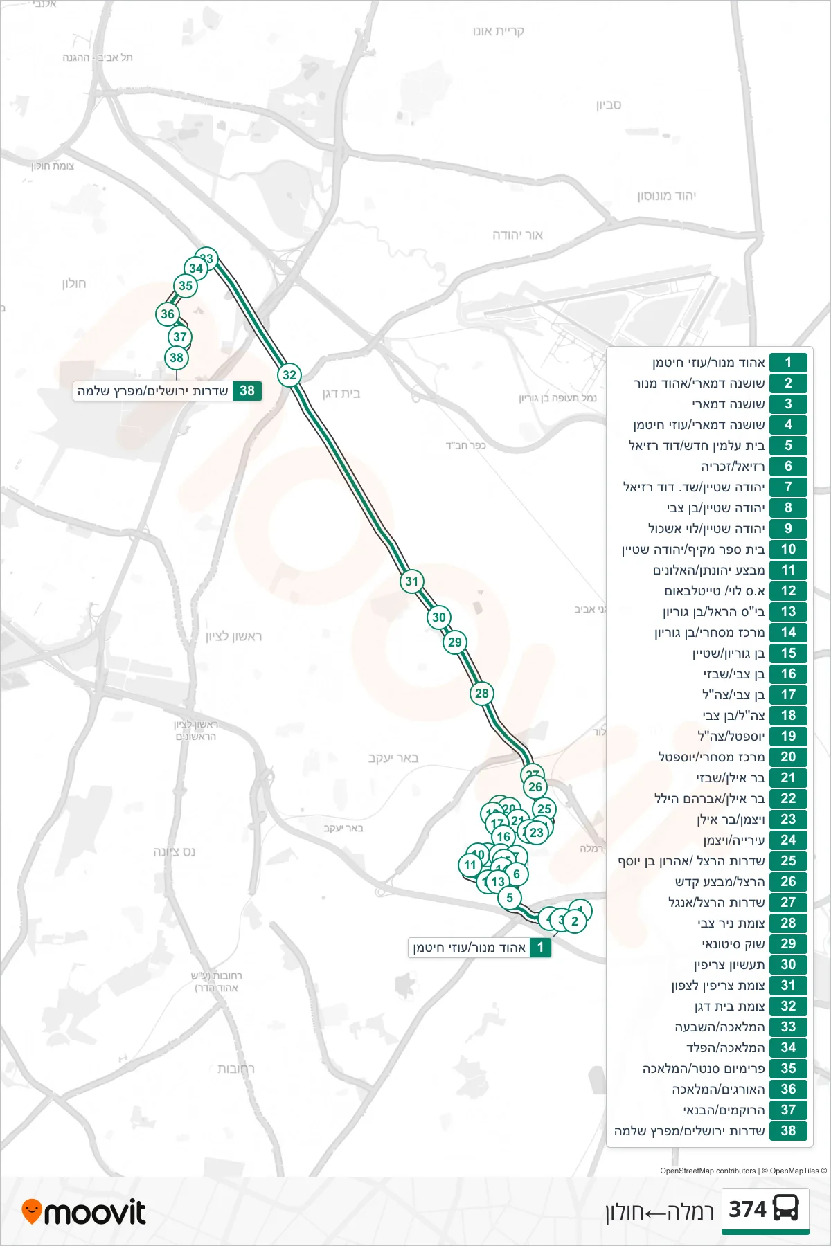 374 bus Line (Ramla‎→Holon) route and stops on a map