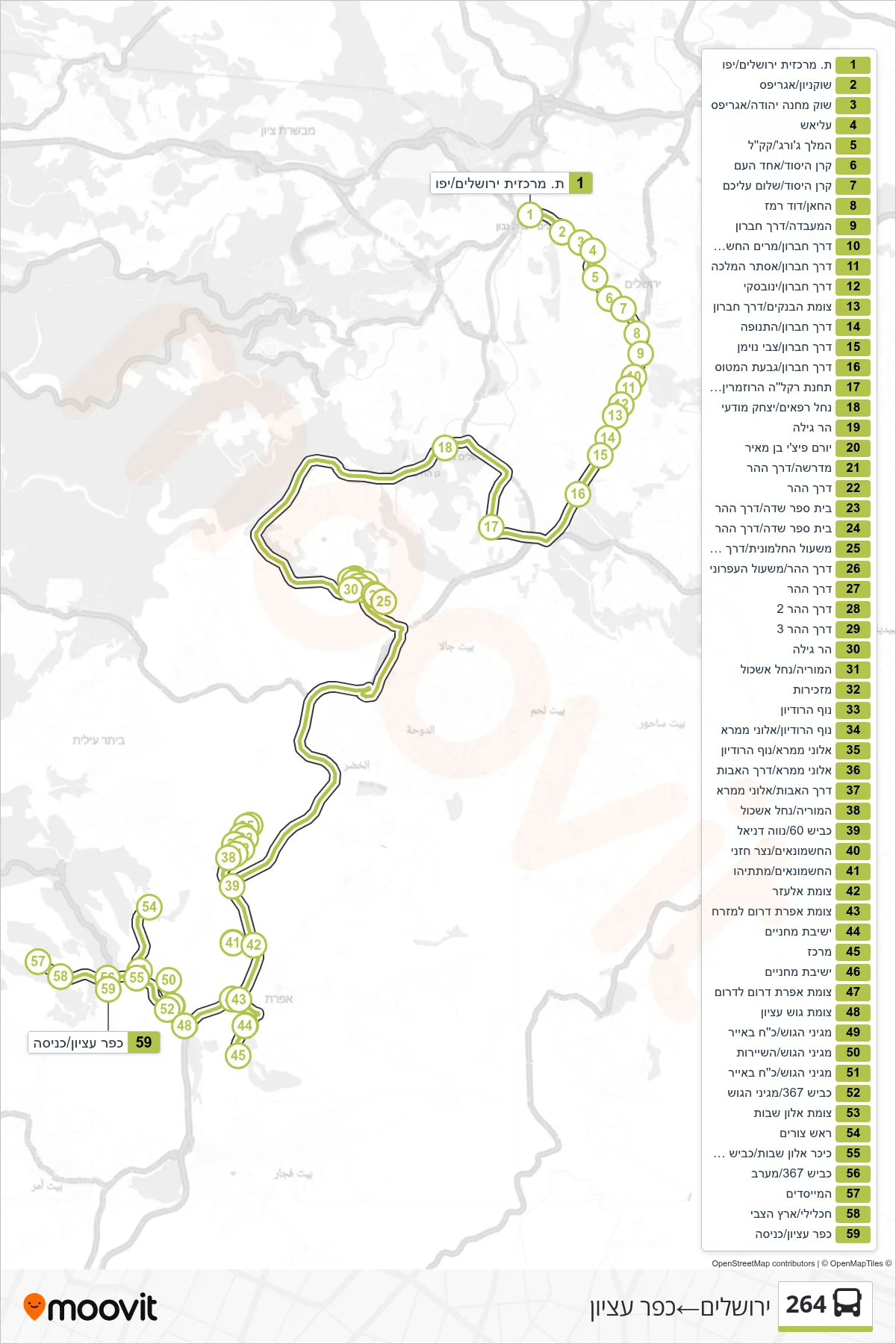 264 bus Line (Jerusalem‎→Kfar Etzion) route and stops on a map