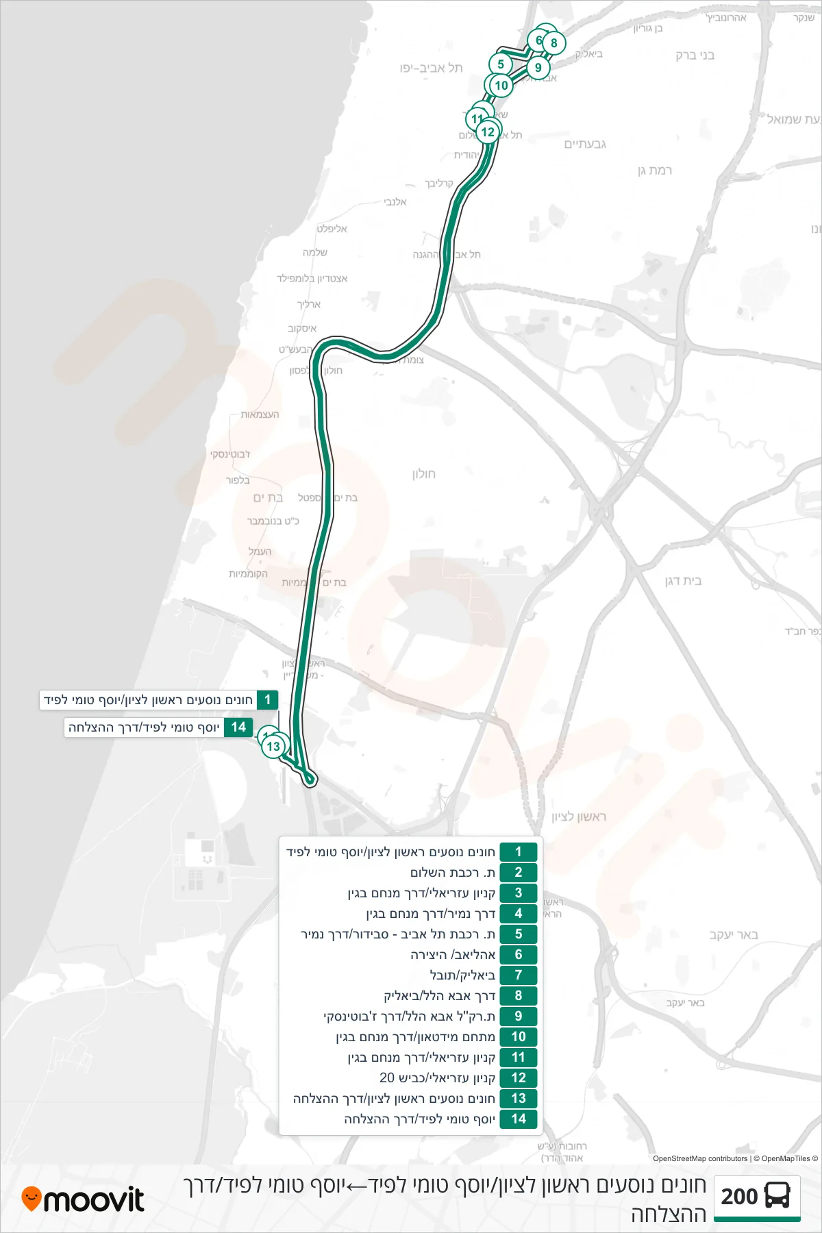 200 Line (Park & Ride Rishon LeZion/Yosef Tommy Lapid→Yosef Tommy Lapid/Success Road) route and stops on a map